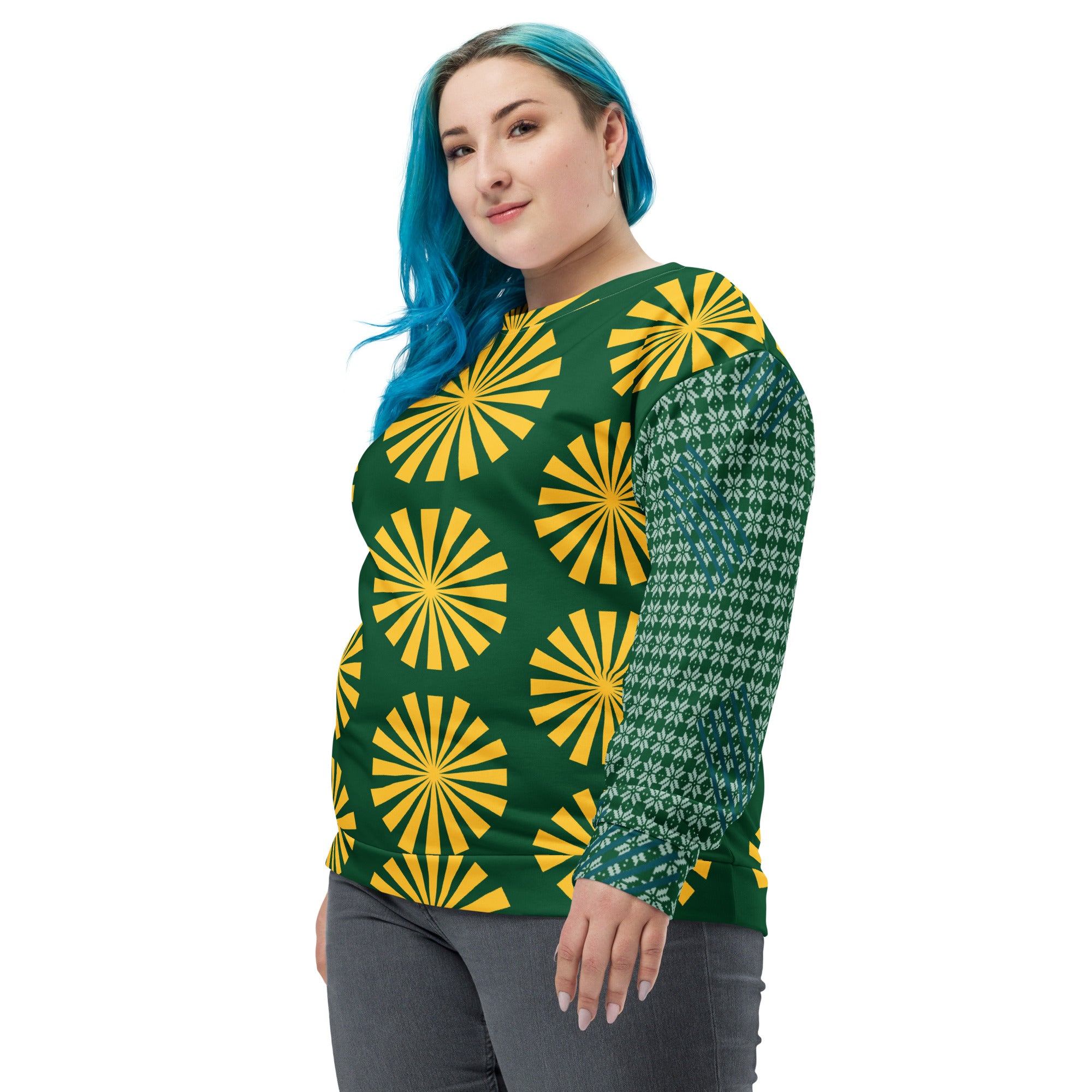Haut de sweat vert manches longues, imprimé jaune à motifs solaires et blancs