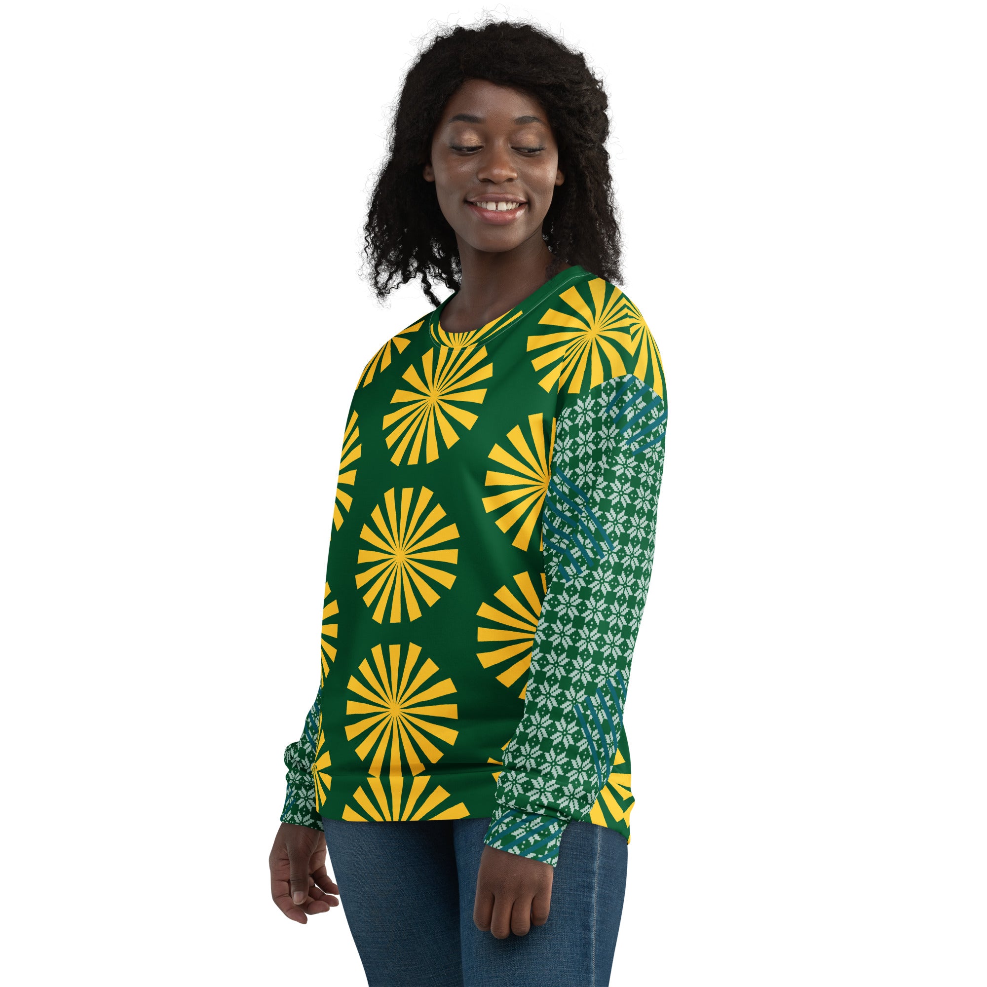 Haut de sweat vert imprimé jaune, manches longues contrastées, devant