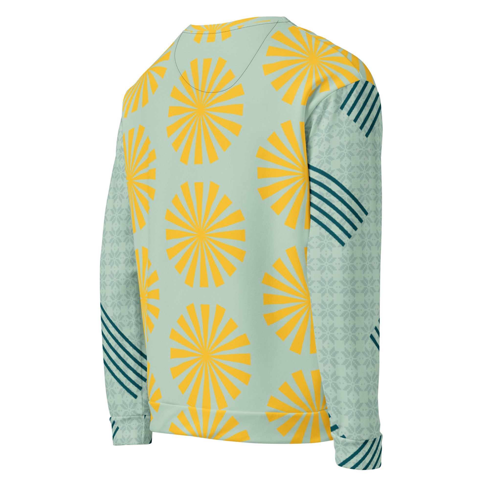 Sweat-shirt bleu clair à motifs fleurs jaunes, vue côté, manches longues et empiècement rayé vert foncé.
