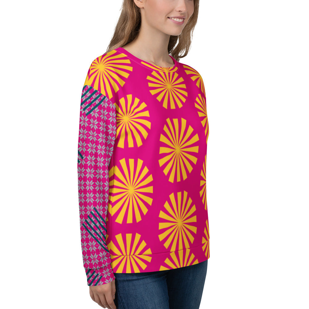 Sweat-shirt fuchsia à motifs éventails jaunes et fond rose-bleu, col ras du cou