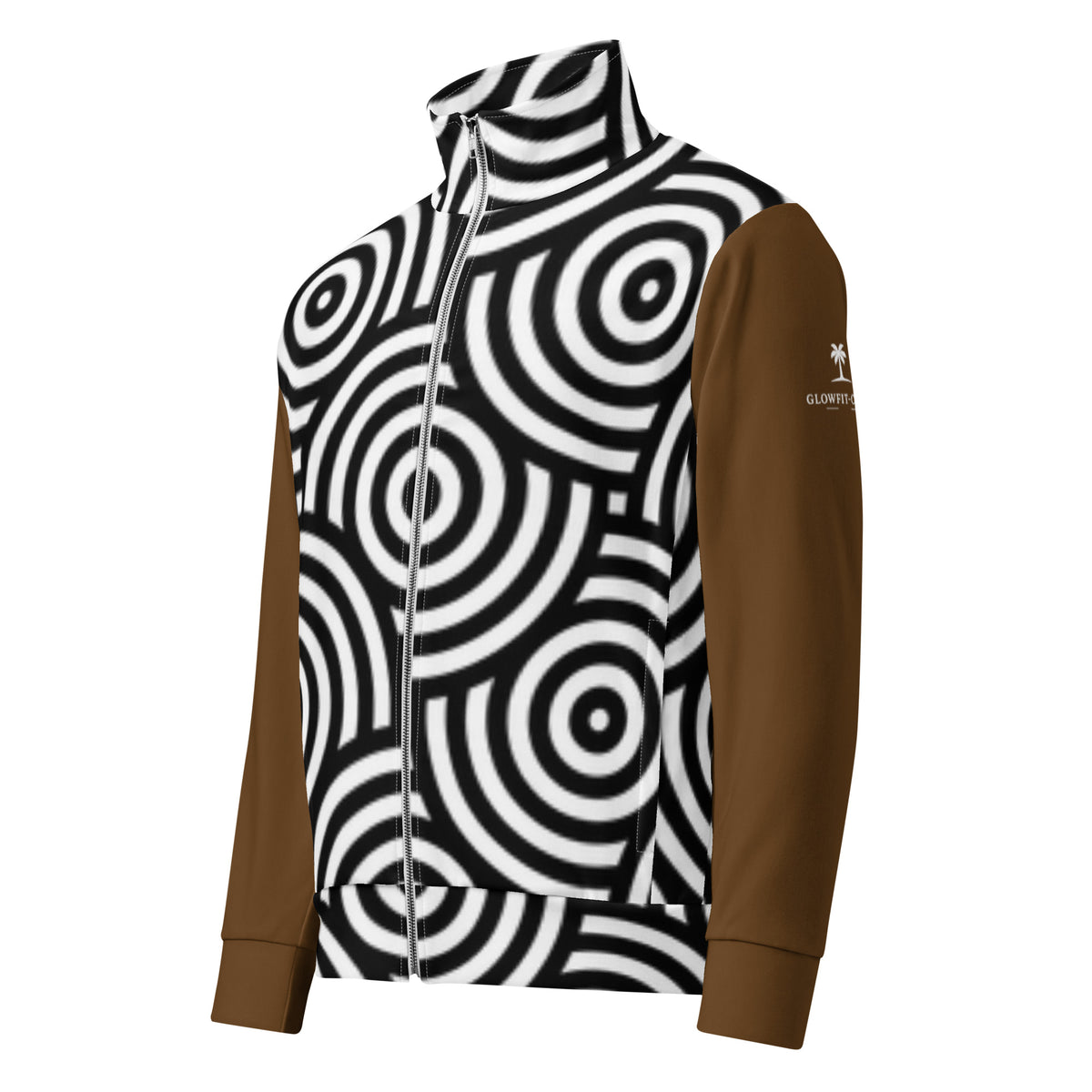 Veste de survêtement homme zippée à capuche, motifs cercles noir et blanc, manches marron