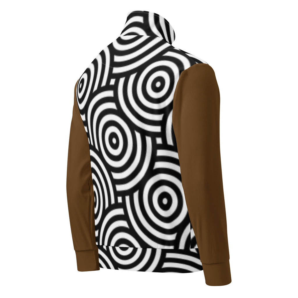 Veste de survêtement homme zippée à capuche, vue de dos, motifs cercles noir et blanc, manches marron