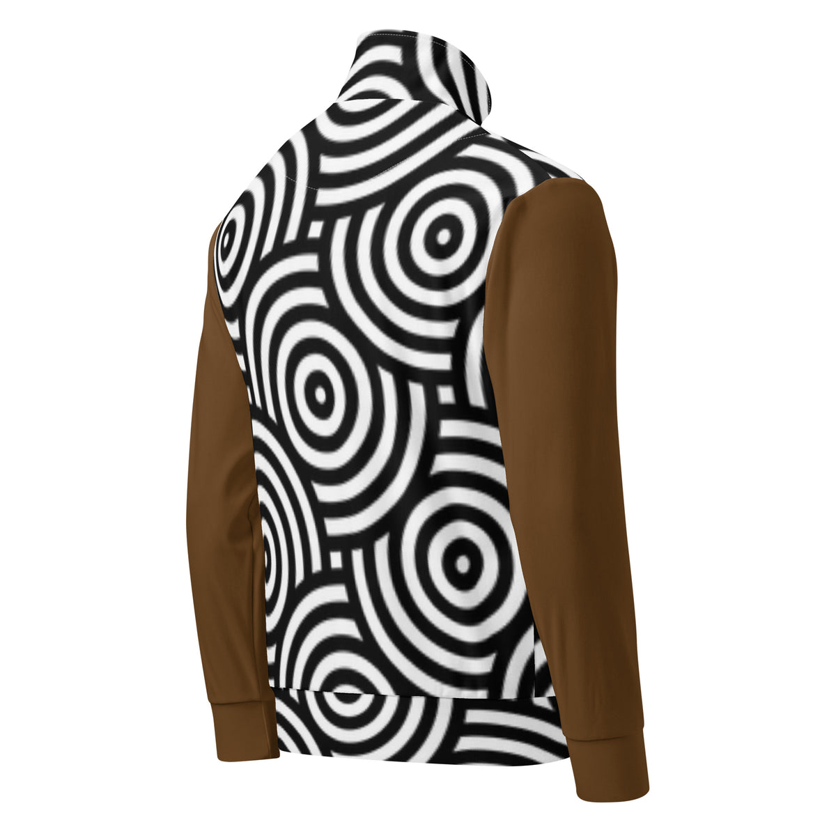 Veste de survêtement homme zippée à capuche, vue de dos, motifs cercles noir et blanc, manches marron