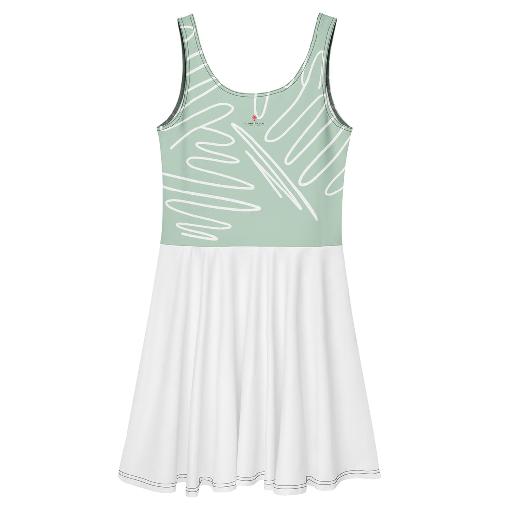 Robe de tennis verte menthe, haut imprimé, jupe blanche évasée, encolure en U