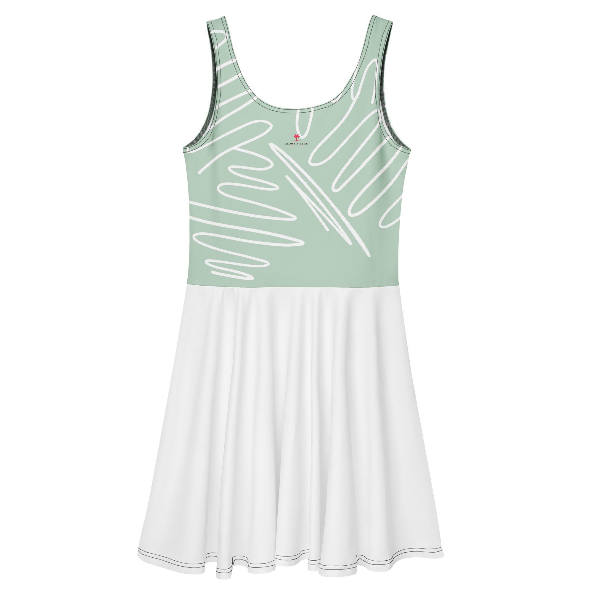 Robe de tennis verte menthe, haut imprimé, jupe blanche évasée, encolure en U