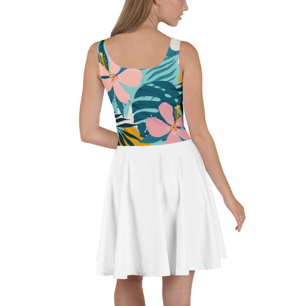 Robe de tennis sans manches, dos en U, haut imprimé tropical et jupe blanche ample