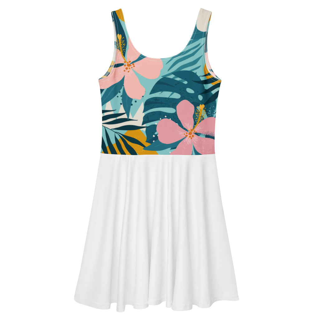 Robe de tennis imprimé floral multicolore, jupe blanche ample à taille contrastée