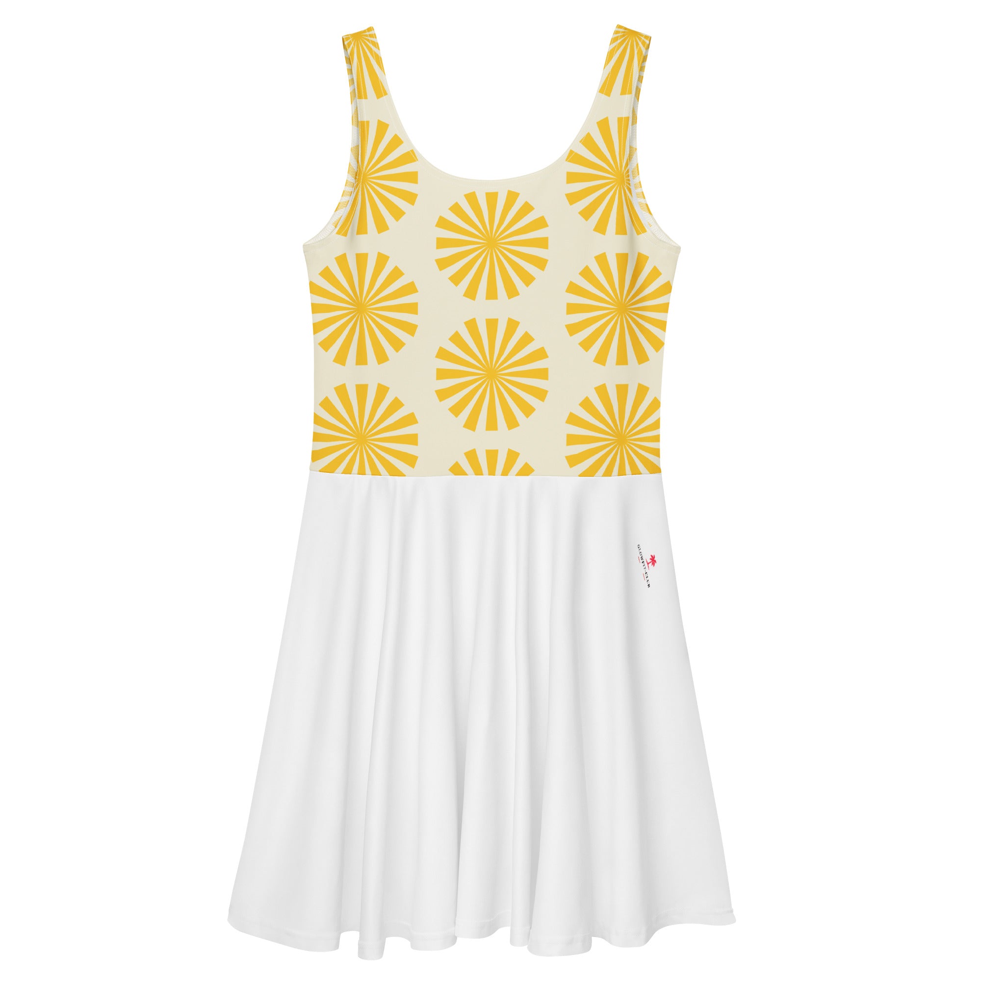 Robe de tennis blanche avec motifs soleil jaunes, jupe évasée et petit logo discret