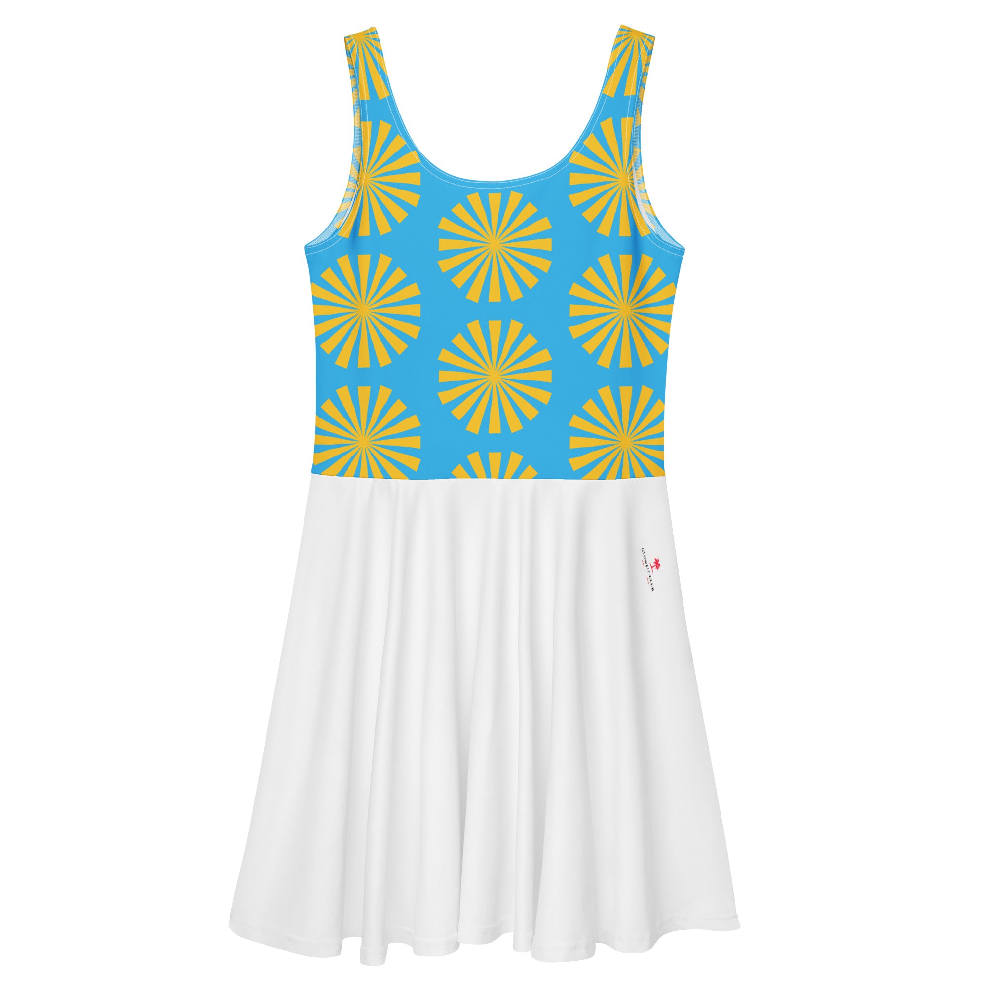 Robe de tennis turquoise à motifs fleurs jaunes et bretelles, jupe blanche plissée