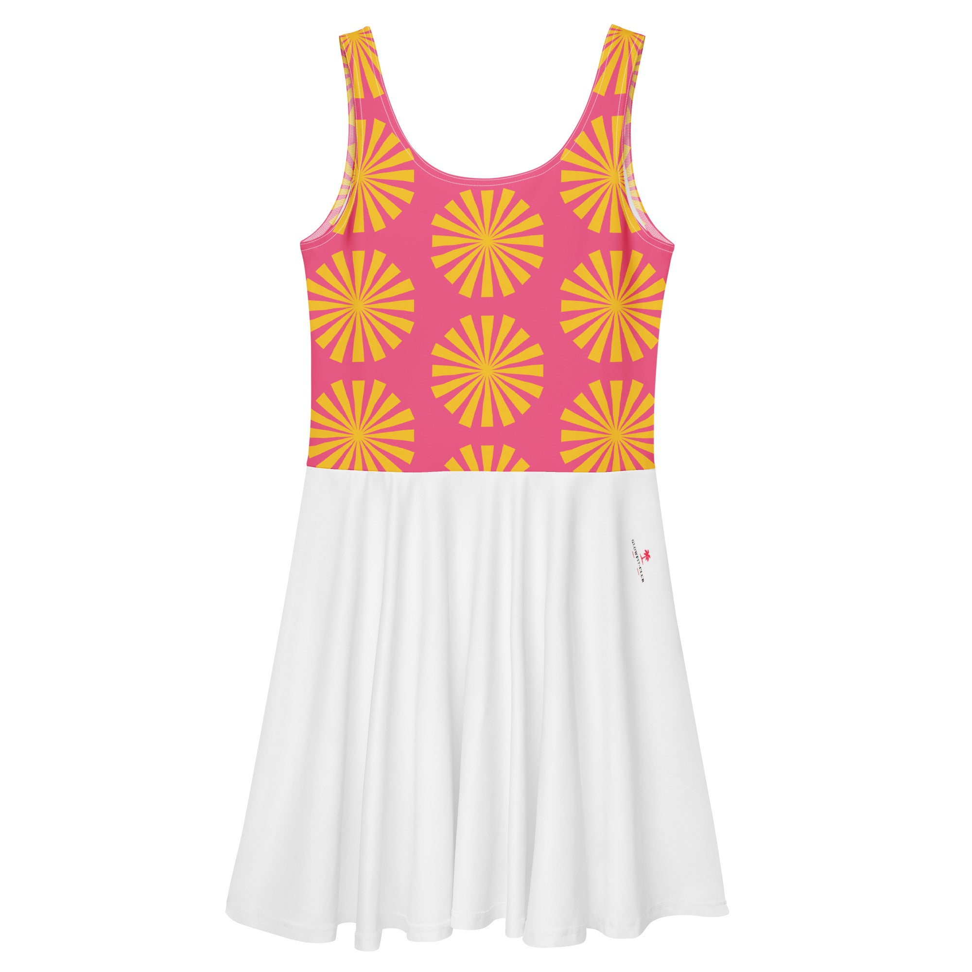 Robe de tennis motif rayons rose et jaune, encolure dos nageur, jupe blanche plissée