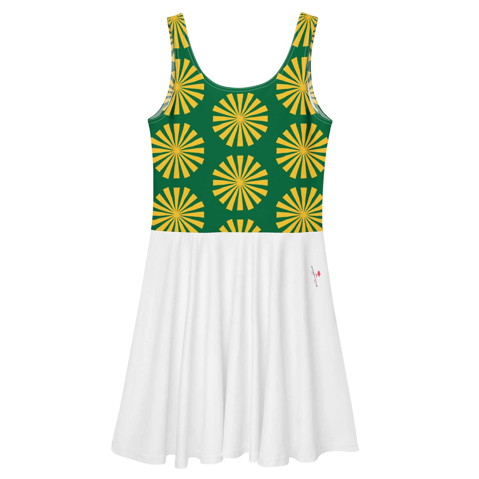 Robe de tennis avec haut à motifs soleil vert/jaune et jupe blanche plissée