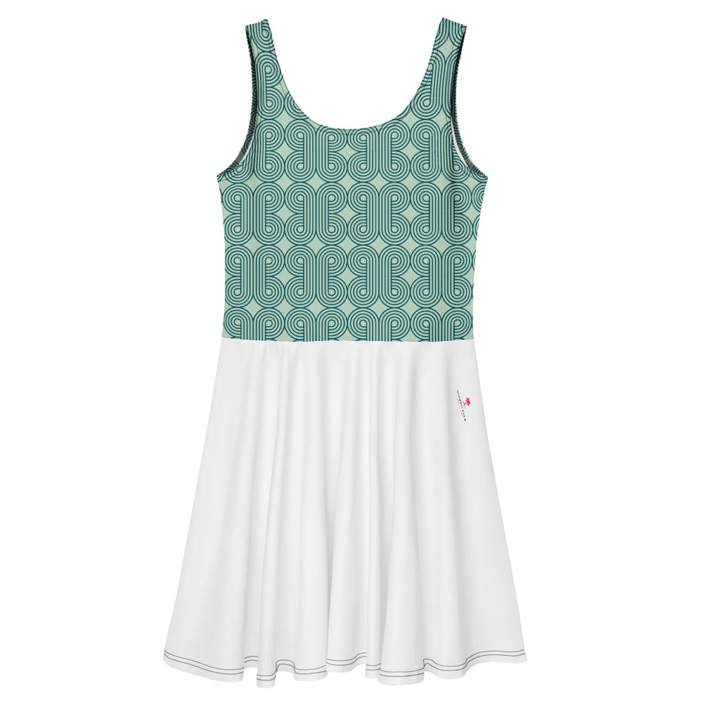 Robe de tennis sans manches turquoise à motif, jupe blanche évasée, bord arrondi