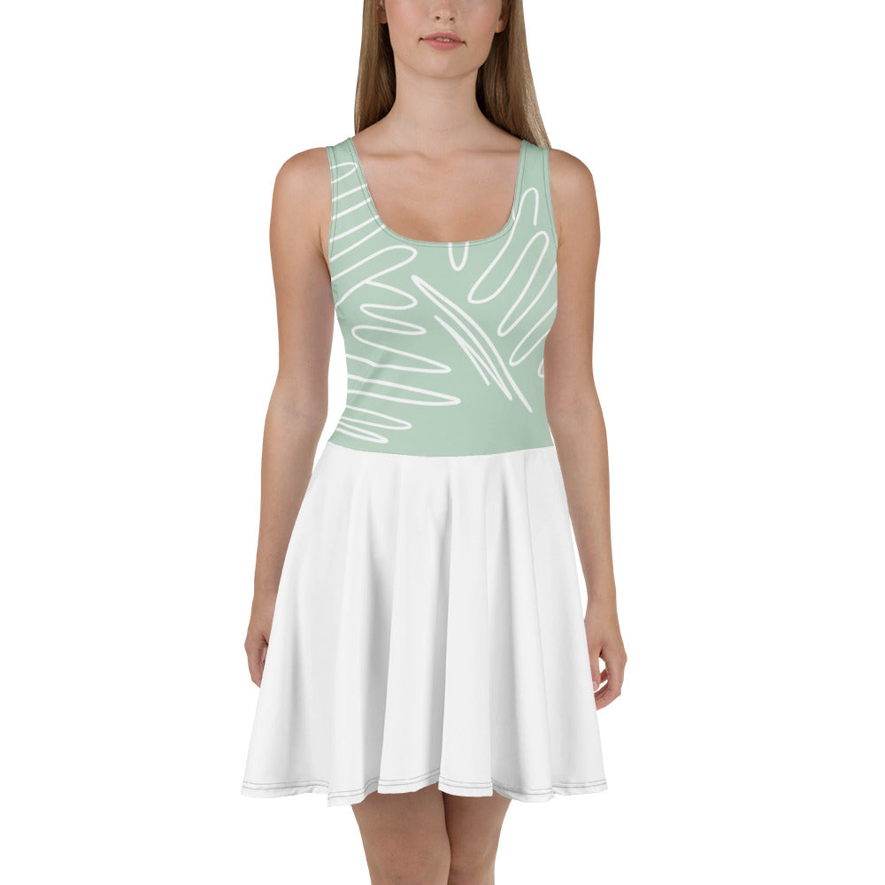Robe de tennis sans manches, haut vert menthe à motif, jupe blanche évasée