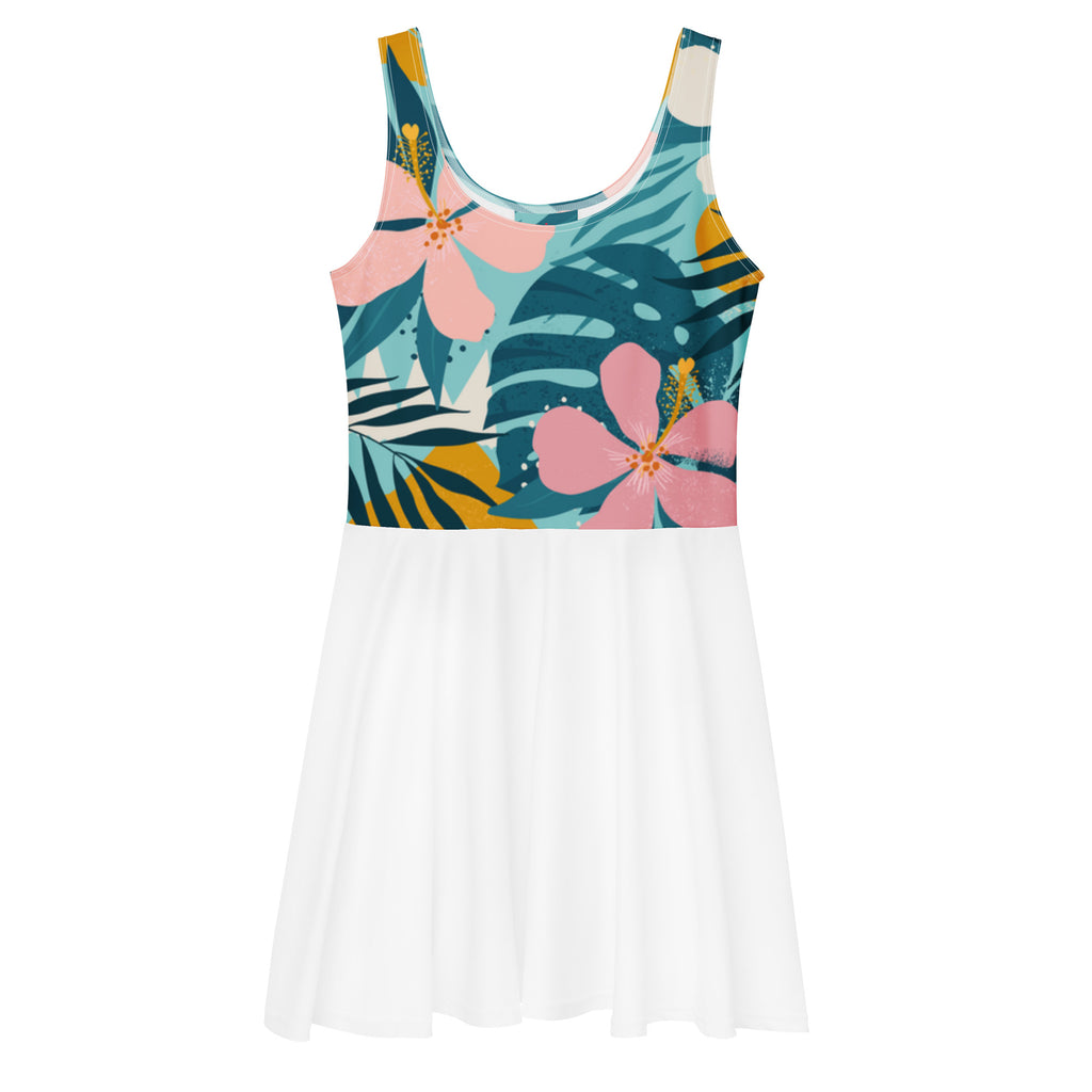 Robe de tennis sans manches, haut imprimé tropical sur bleu et jupe blanche évasée