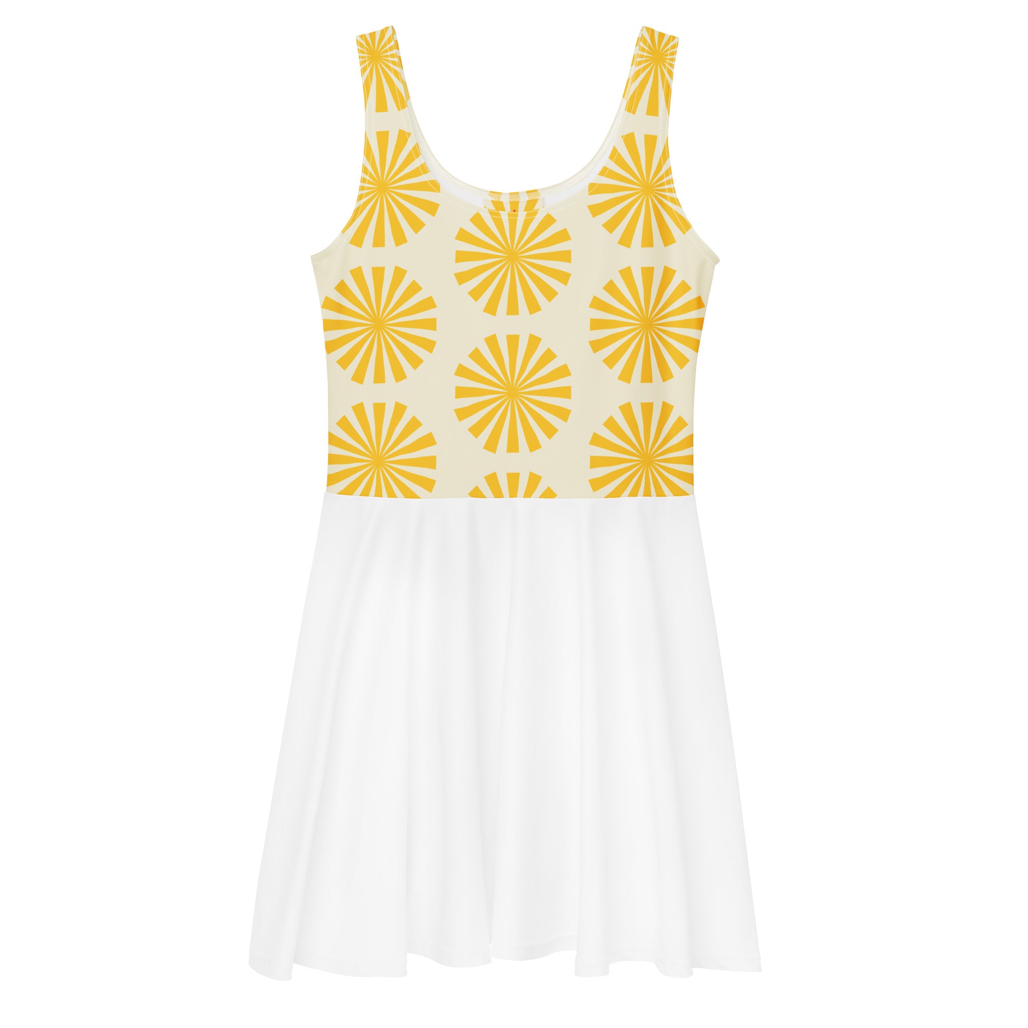 Robe de tennis à encolure échancrée, motifs soleil jaune et jupe évasée blanche