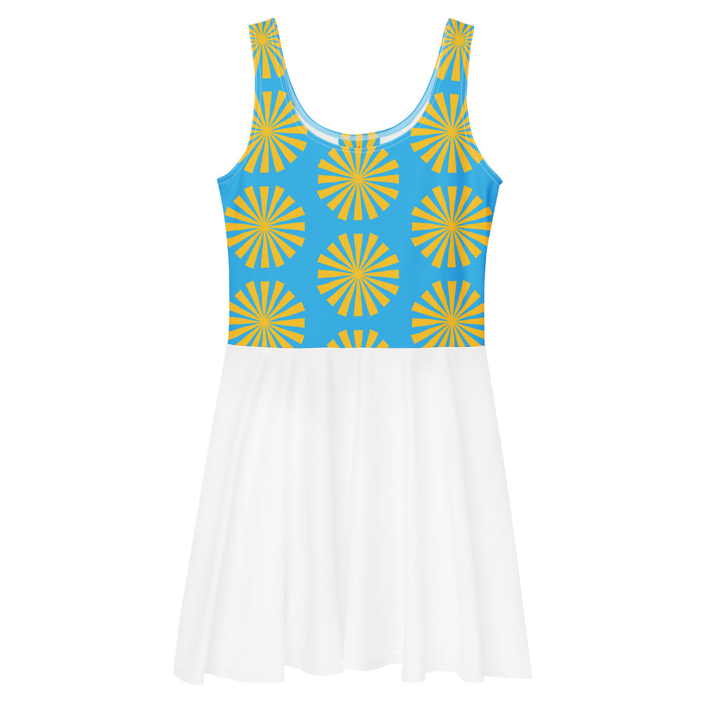 Robe de tennis turquoise à motifs fleurs jaunes, dos échancré, jupe blanche évasée