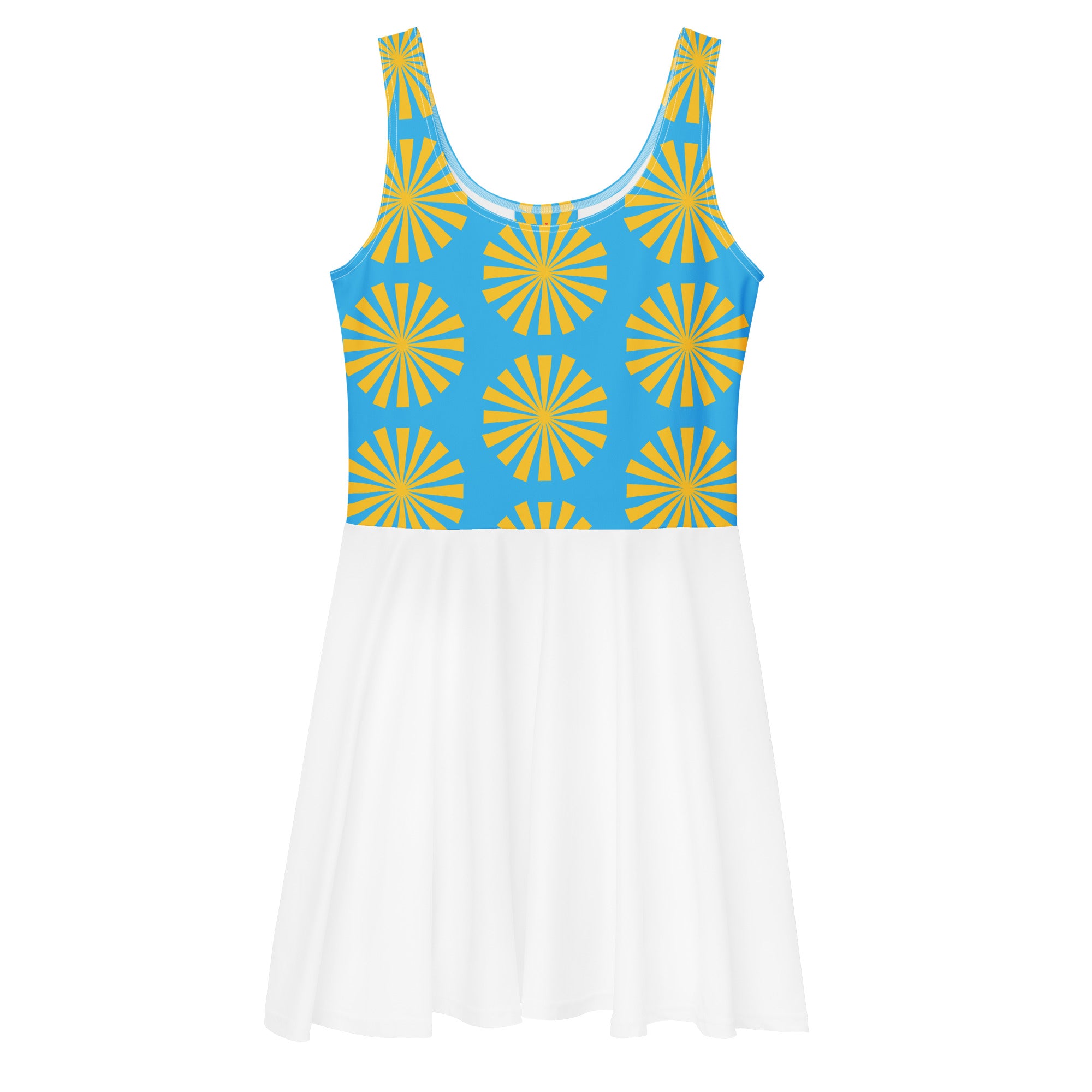 Robe de tennis turquoise à motifs fleurs jaunes, dos échancré, jupe blanche évasée