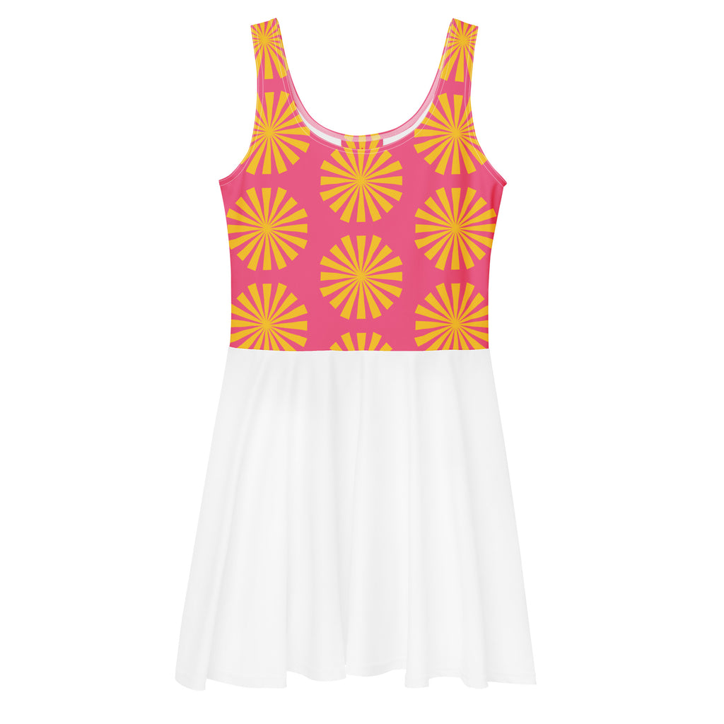 Robe de tennis motif rayons rose et jaune, encolure carrée, jupe blanche évasée
