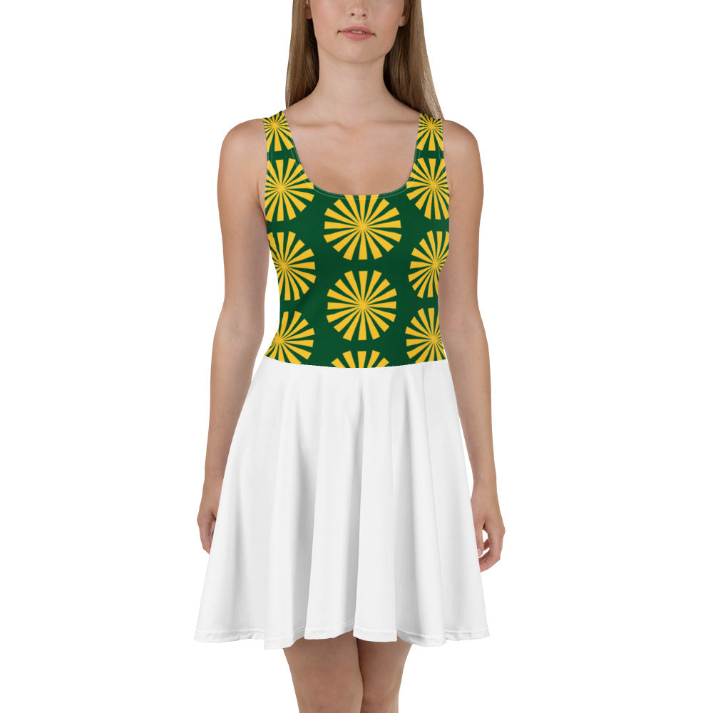 Robe de tennis sans manches à motifs soleil vert et jaune, jupe blanche évasée