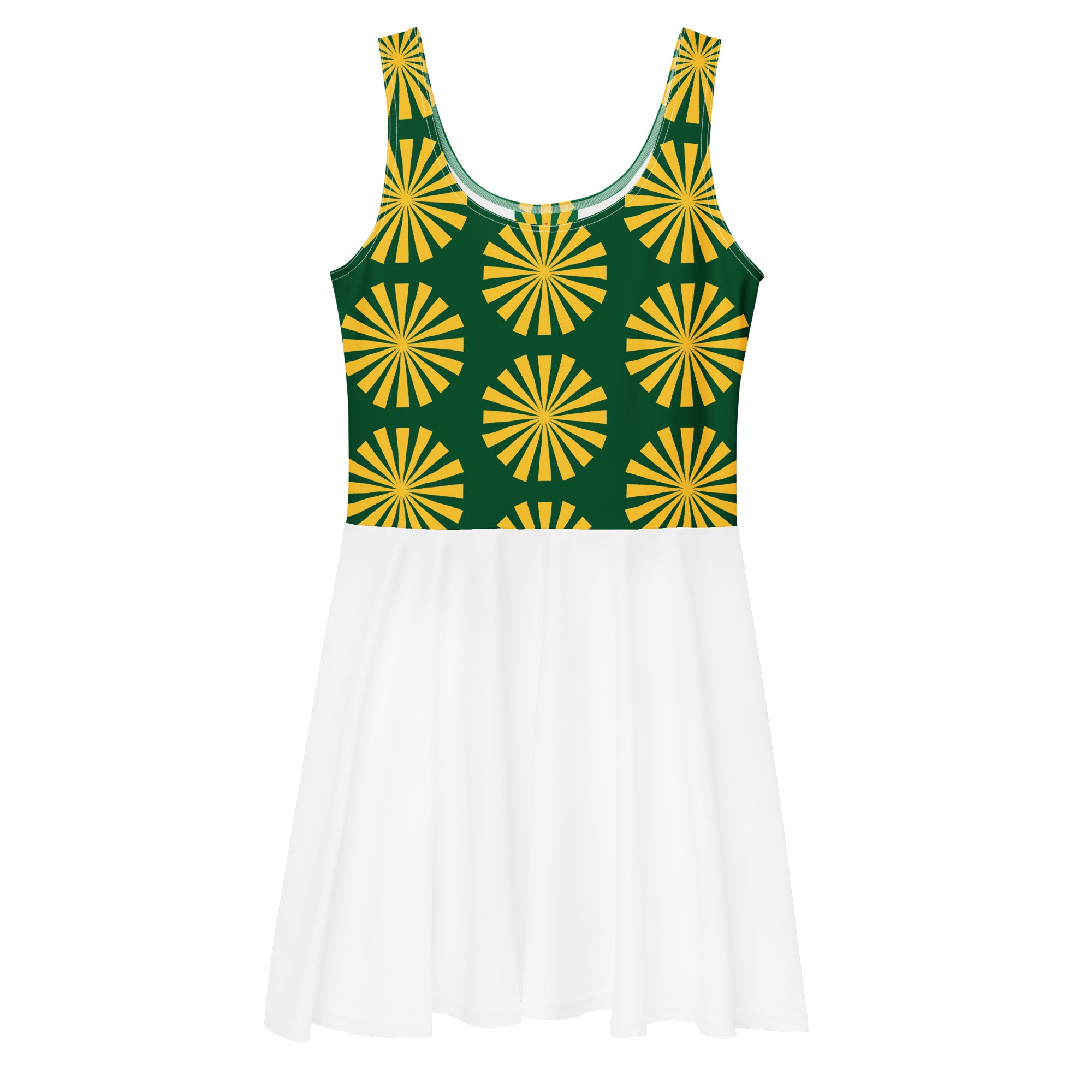 Robe de tennis sans manches, encolure carrée, motifs soleil vert et jaune, jupe blanche