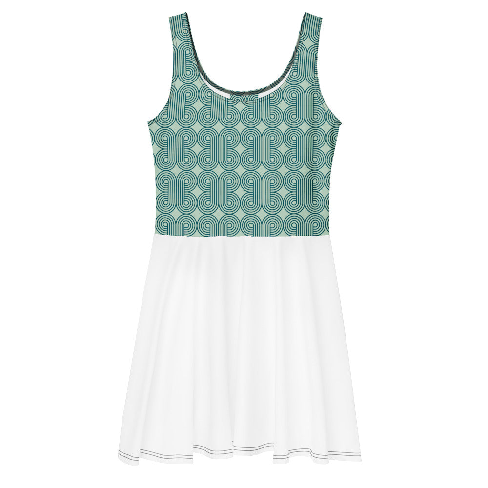 Robe de tennis turquoise à motif, encolure ronde, jupe blanche évasée
