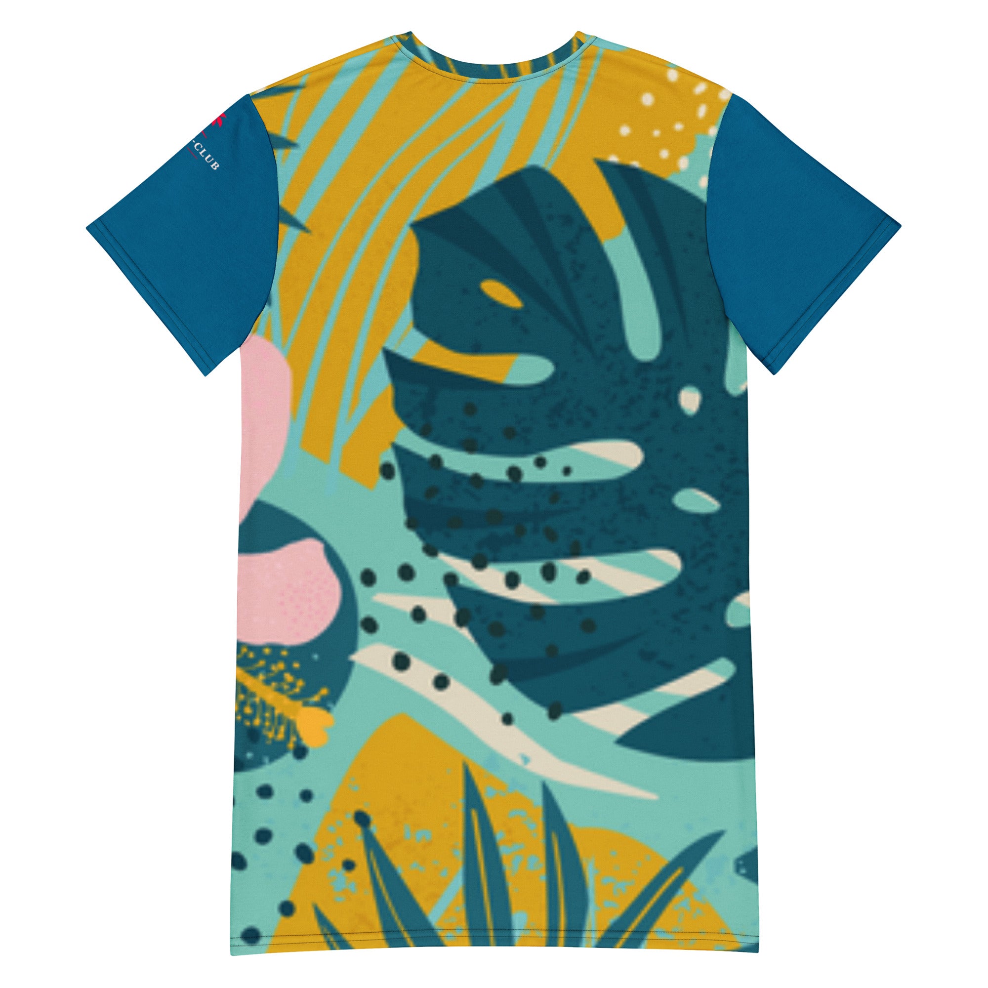 Robe T-shirt à manches courtes, encolure ronde, motif abstrait bleu et jaune.