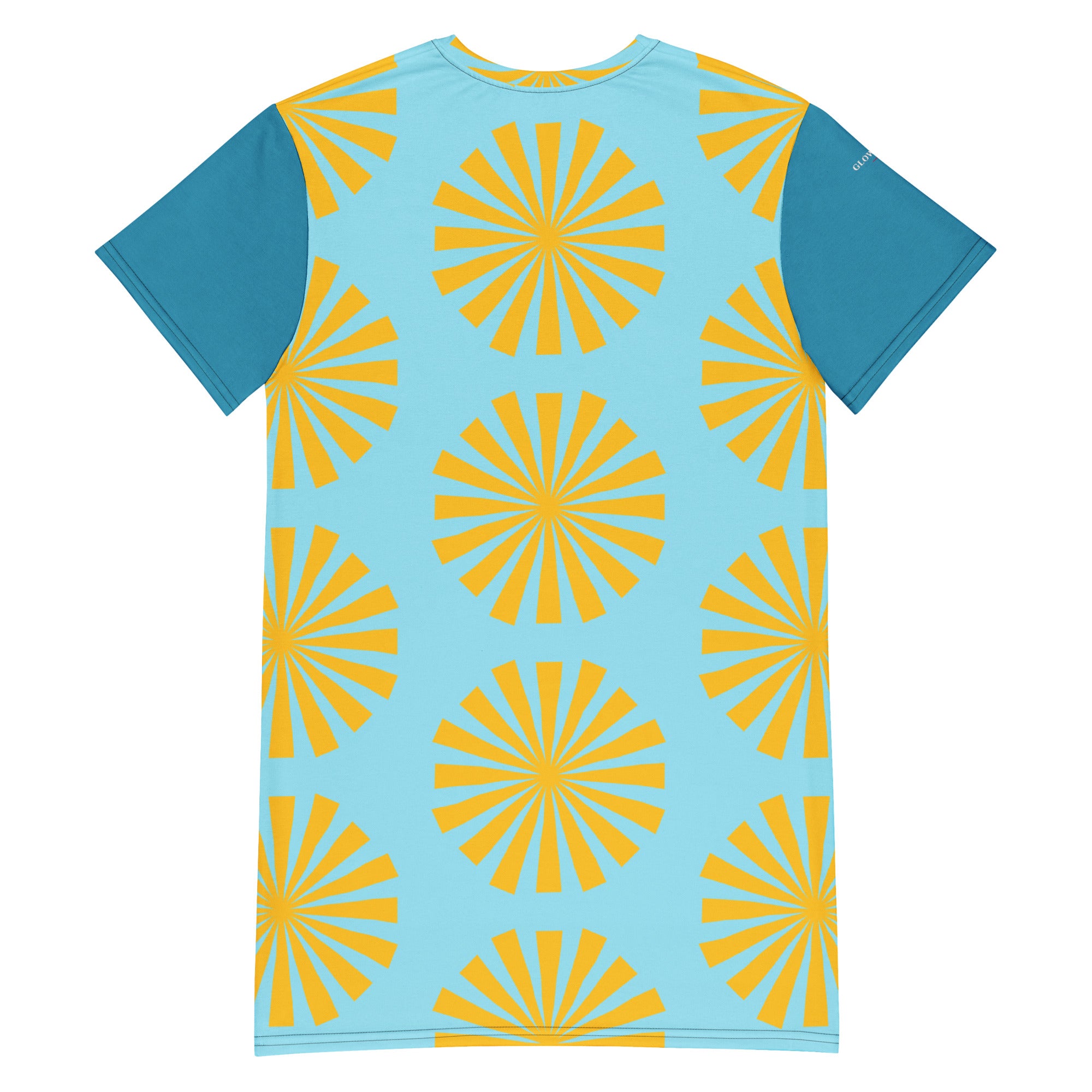 Robe t-shirt bleu turquoise à motif fleurs soleil jaune, coupe droite, col rond.
