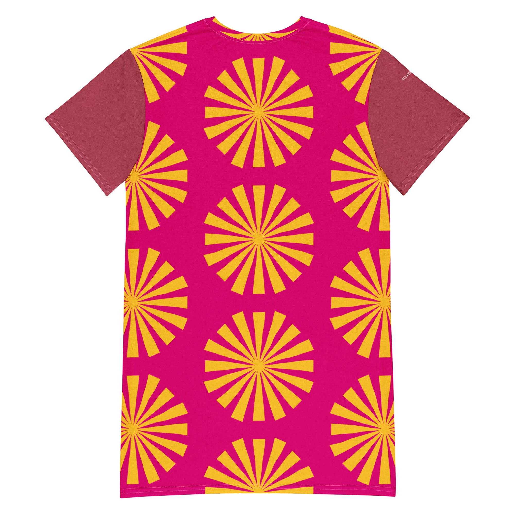 Robe t-shirt magenta à motifs fleurs soleil jaunes, encolure ronde