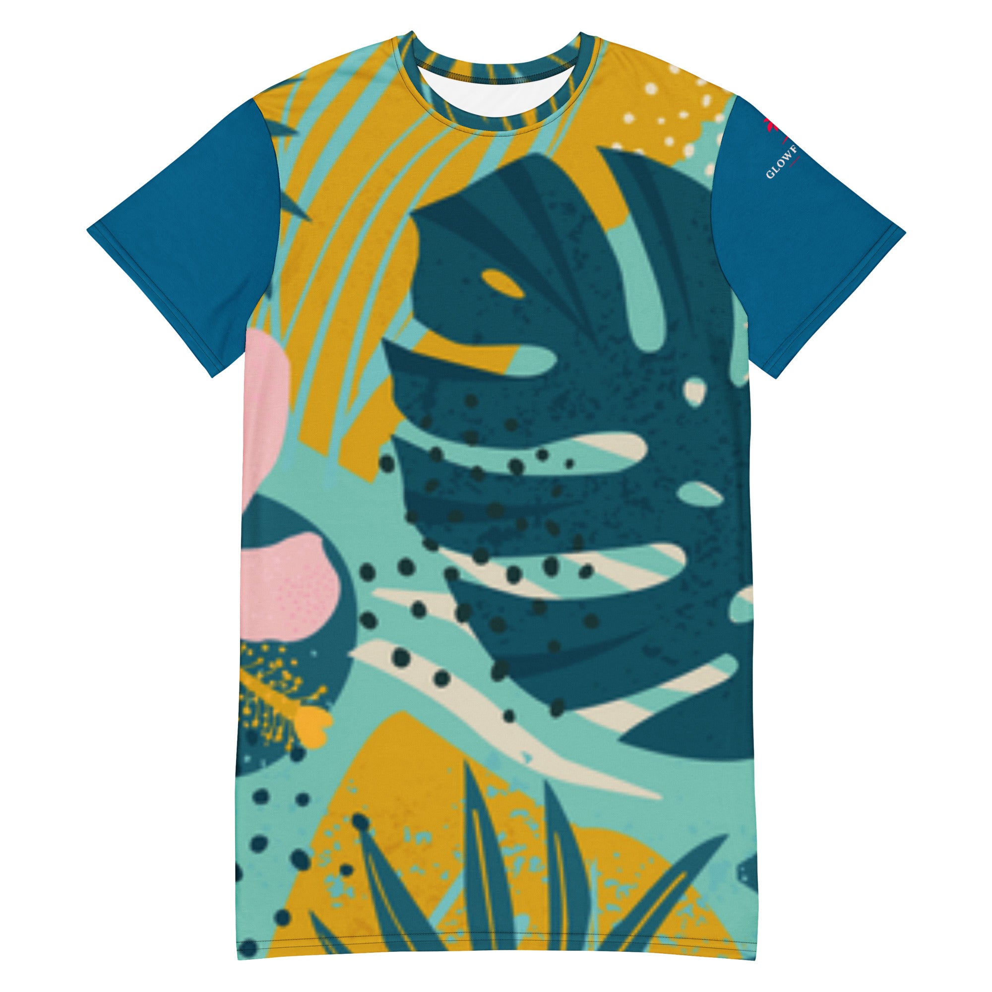 Robe T-shirt CORALIA à manches courtes, encolure ronde, motif abstrait bleu/jaune.