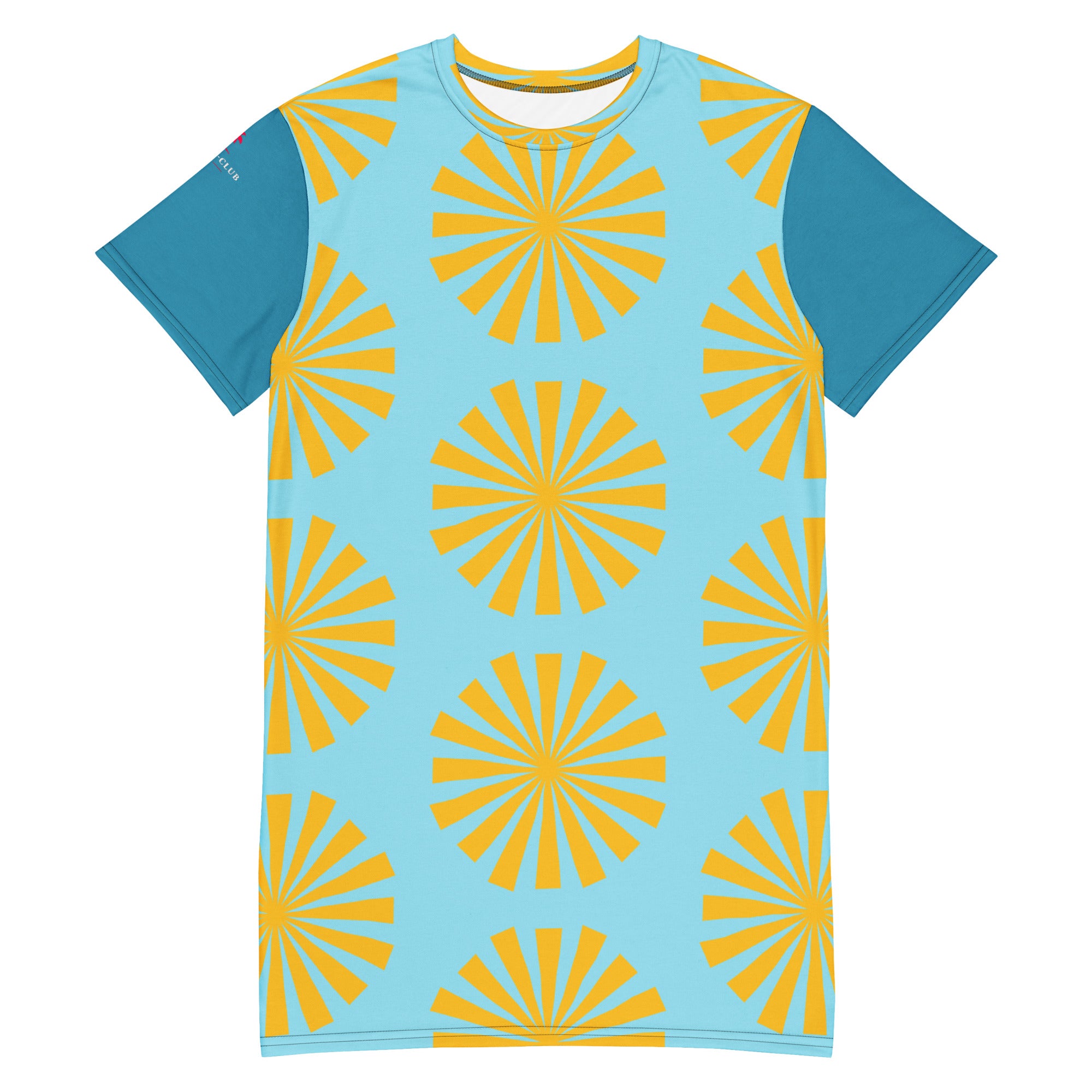 Robe t-shirt bleu turquoise à motif fleurs soleil jaune, col rond, manches courtes.