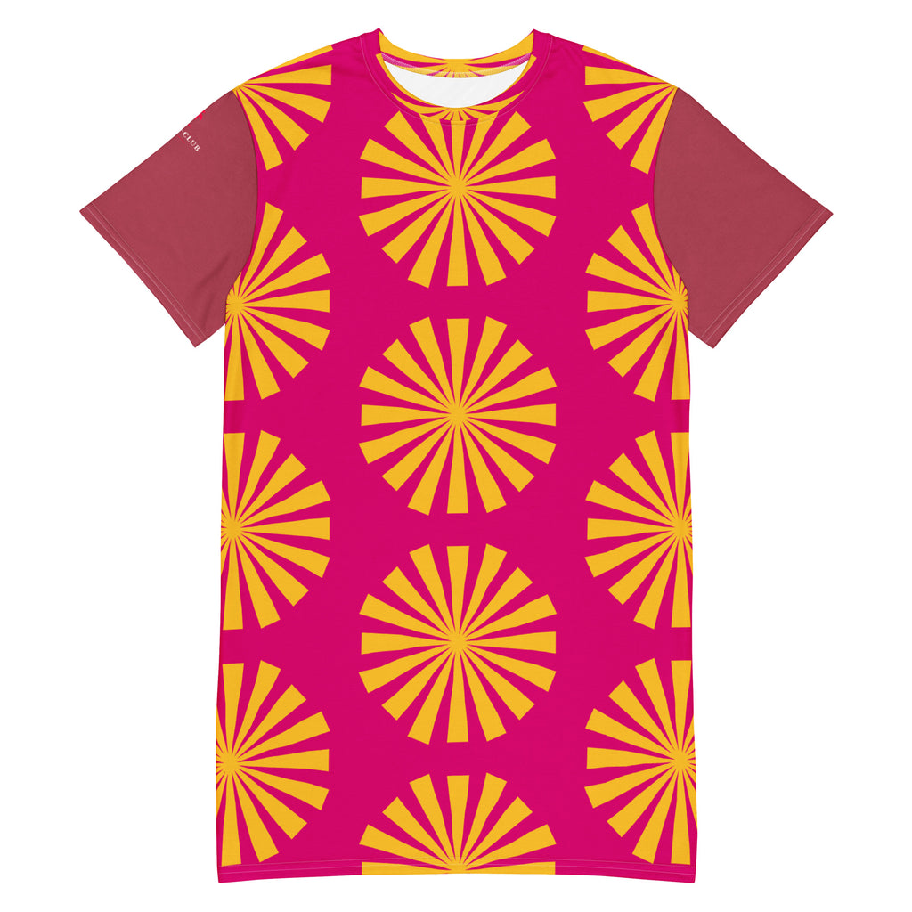 Robe t-shirt magenta à motifs fleurs soleil jaunes, manches courtes