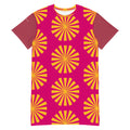 Robe t-shirt magenta à motifs fleurs soleil jaunes, manches courtes