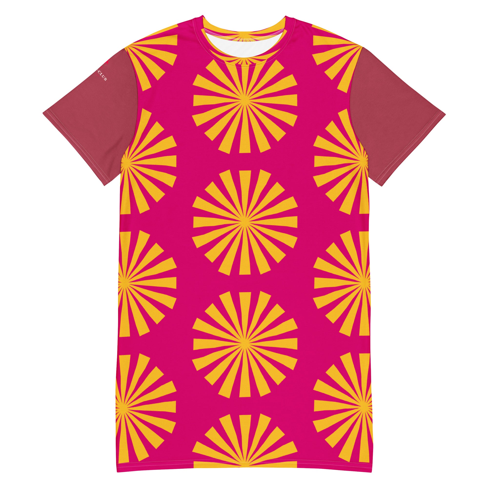 Robe t-shirt magenta à motifs fleurs soleil jaunes, manches courtes