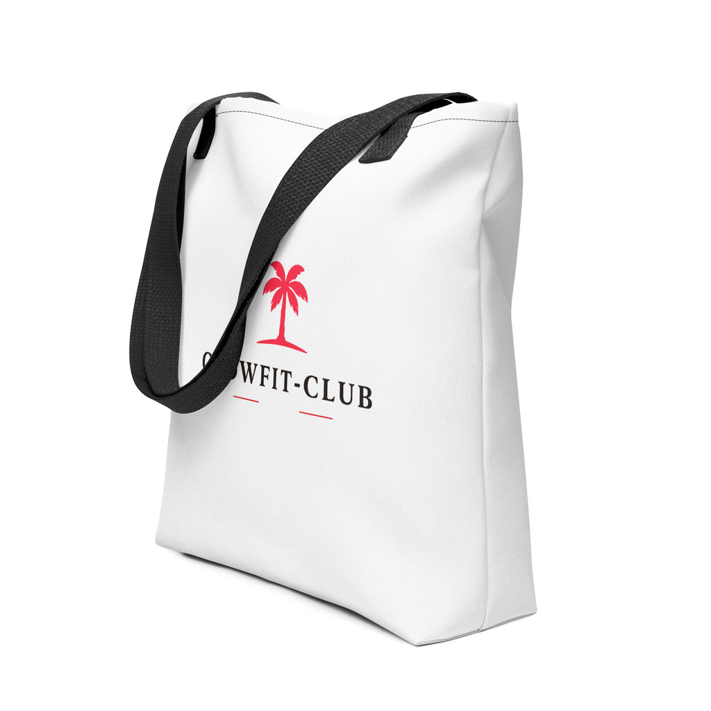 Sac cabas blanc avec anses noires et logo palmier rouge sur le devant