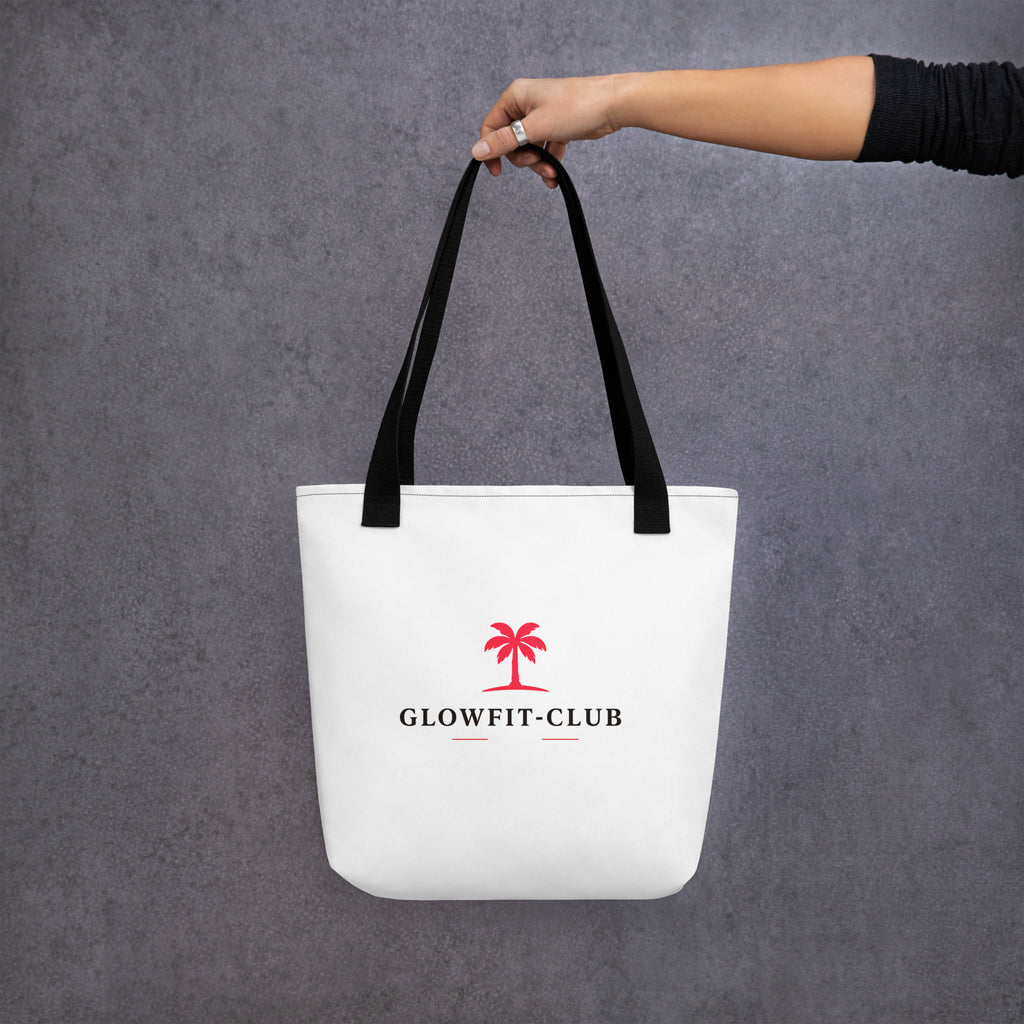 Sac cabas blanc à anses noires, logo palmier rouge « GLOWFIT-CLUB »