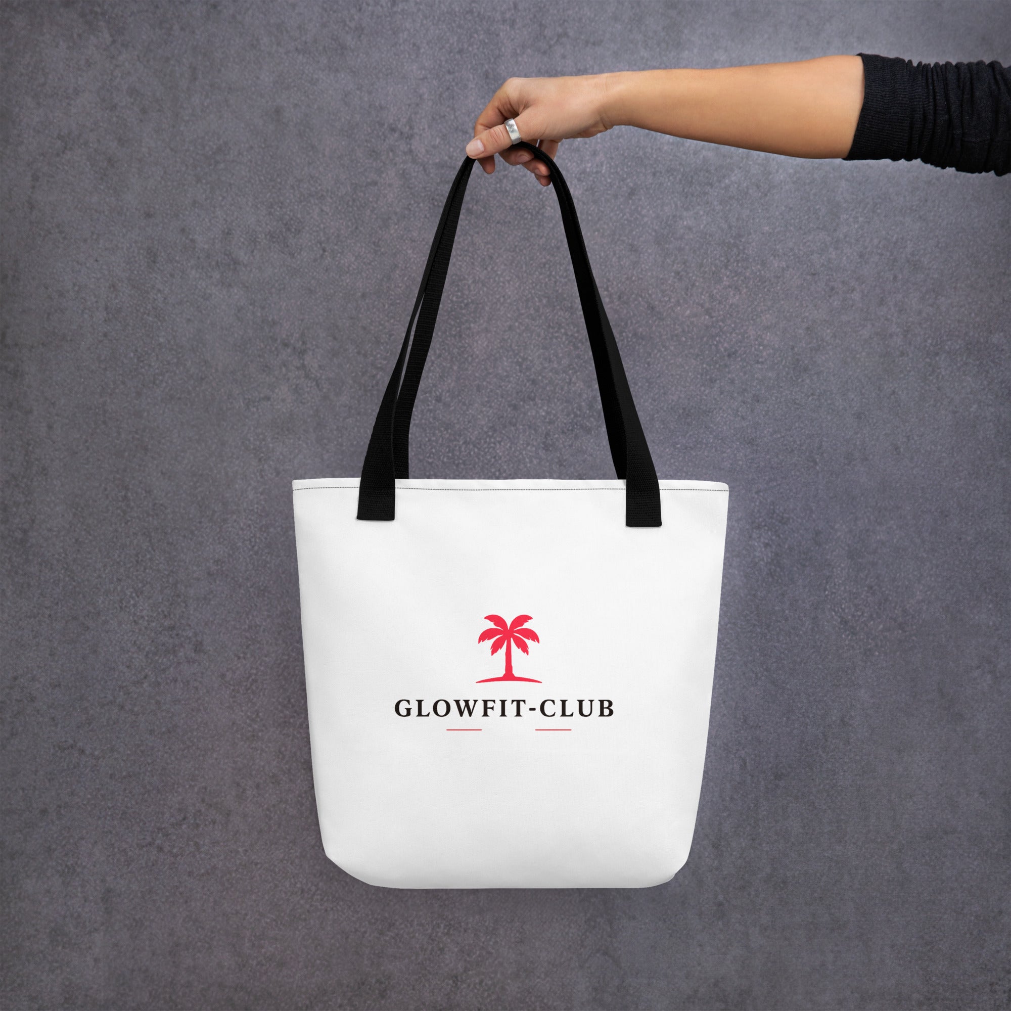 Sac cabas blanc à anses noires, logo palmier rouge « GLOWFIT-CLUB »