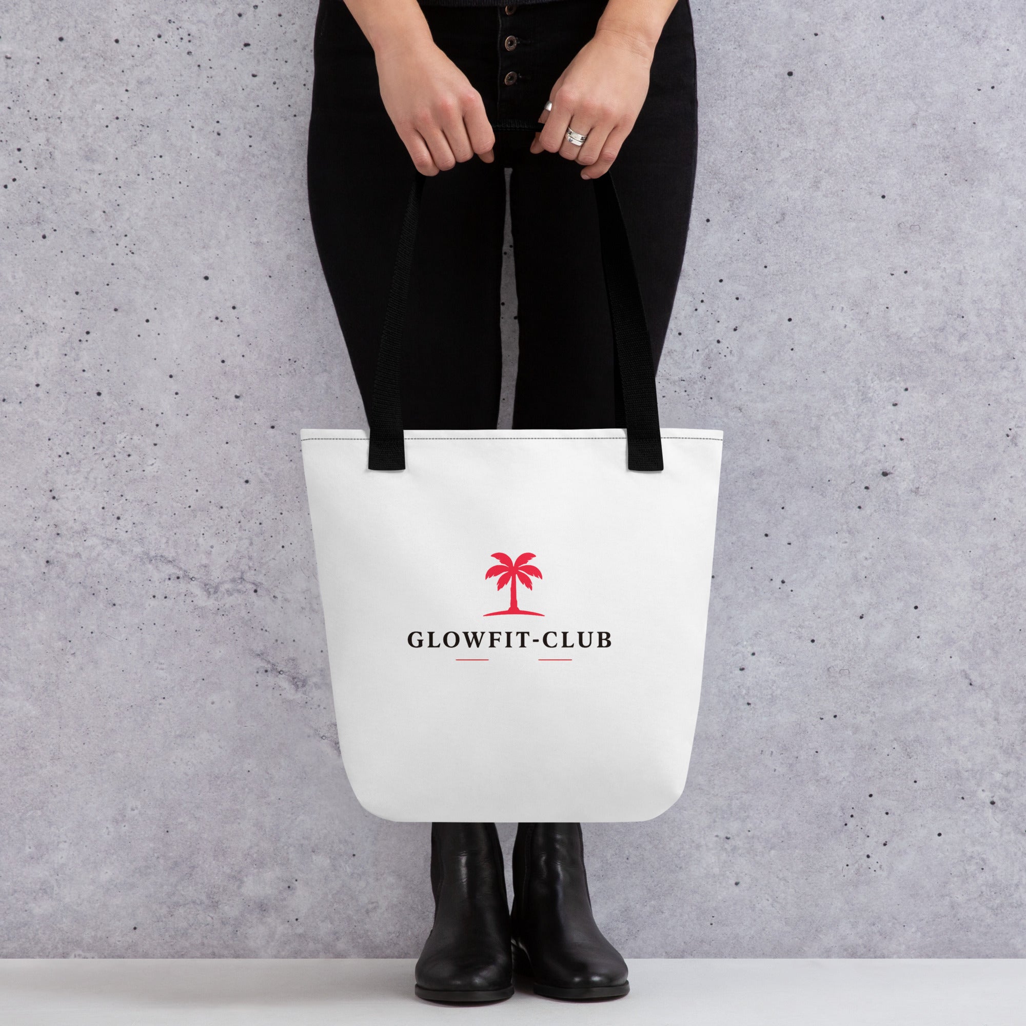Sac cabas blanc à anses noires avec logo palmier rouge « GLOWFIT-CLUB »