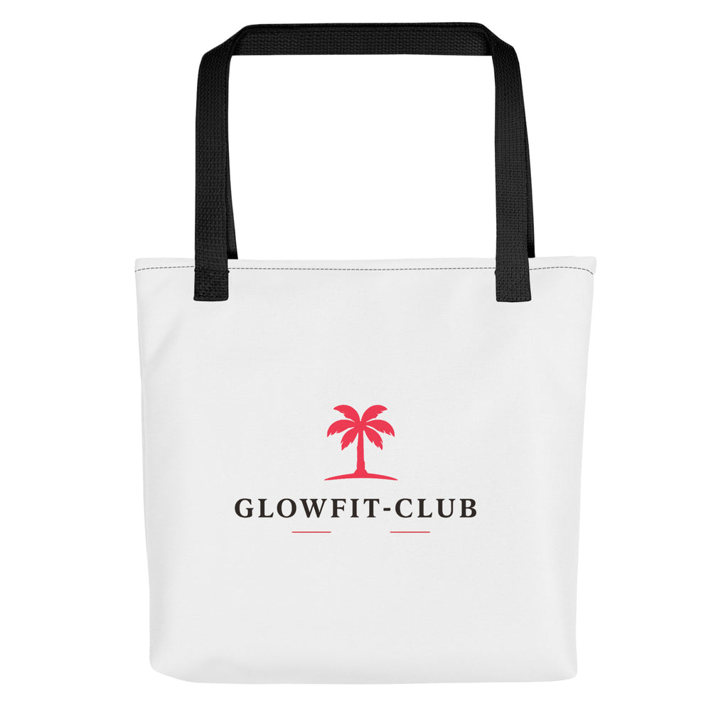 Sac cabas blanc à anses noires, logo palmier rouge et inscription « GLOWFIT-CLUB »