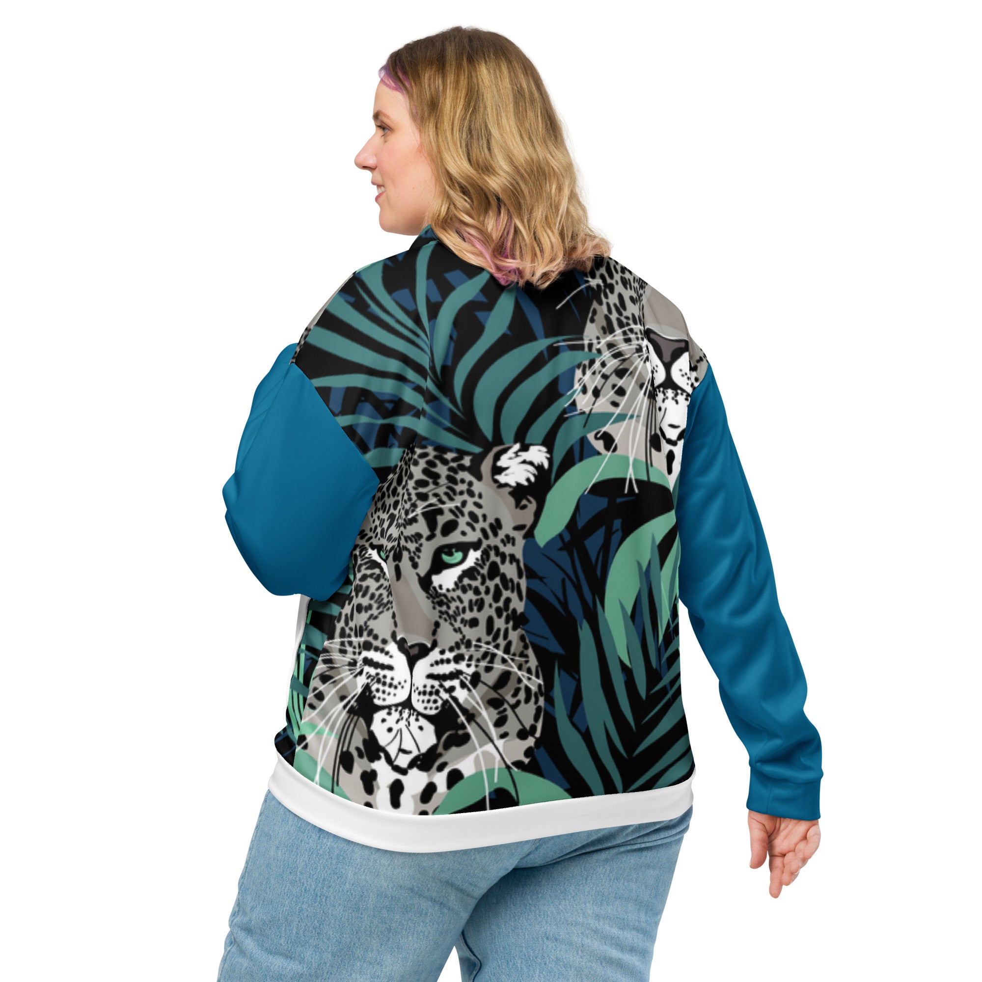 Veste bomber zippée à capuche, imprimé jungle léopard, dos avec motif feuillage