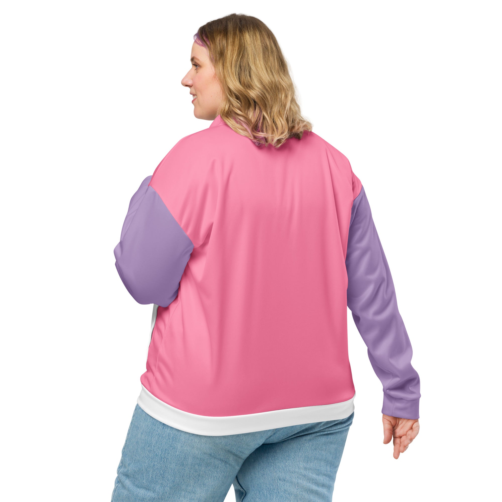 Veste de bombardier SWEET BABY rose, manches mauve, bord côte et bas blancs