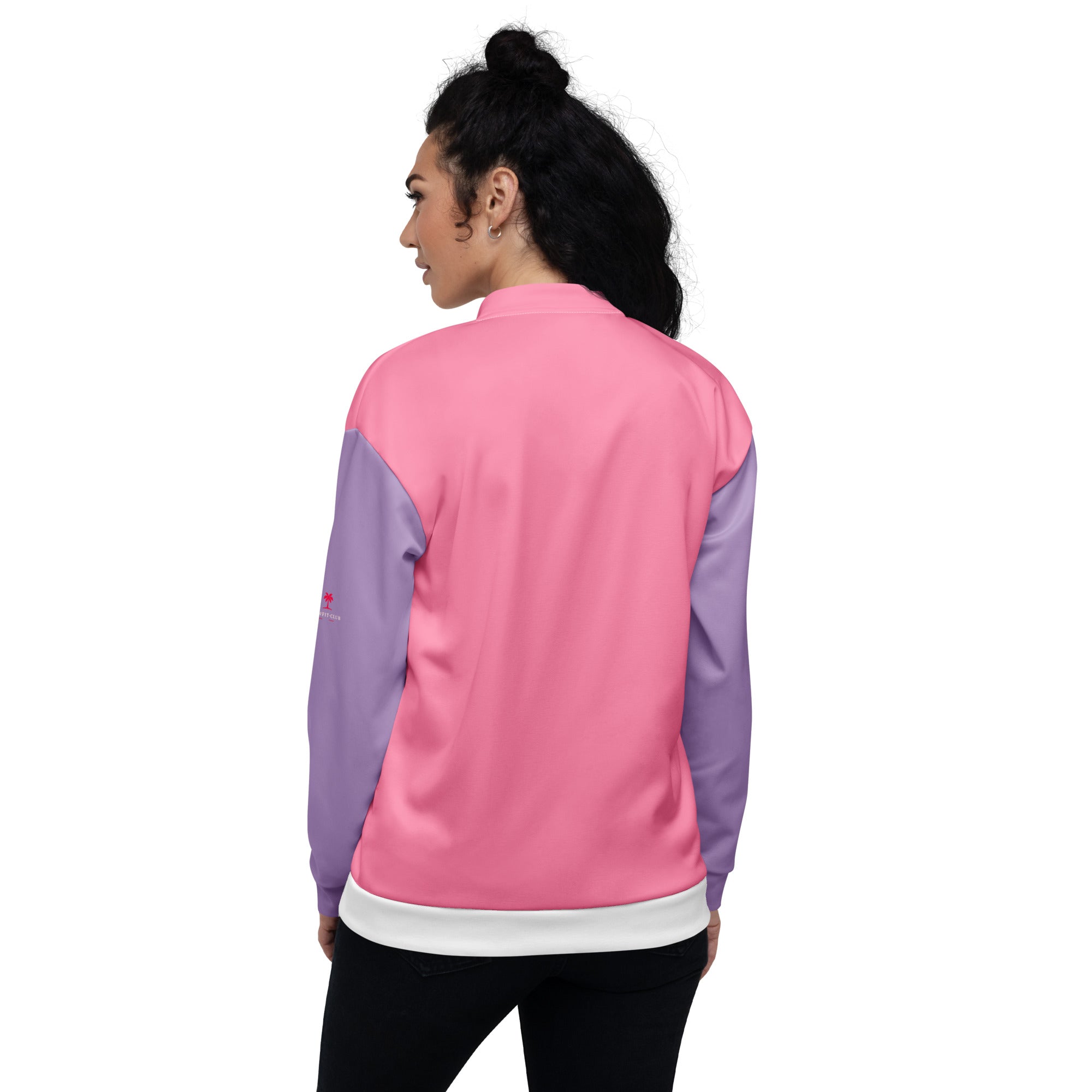 Veste de bombardier SWEET BABY vue de dos rose et mauve, bord côte blanc