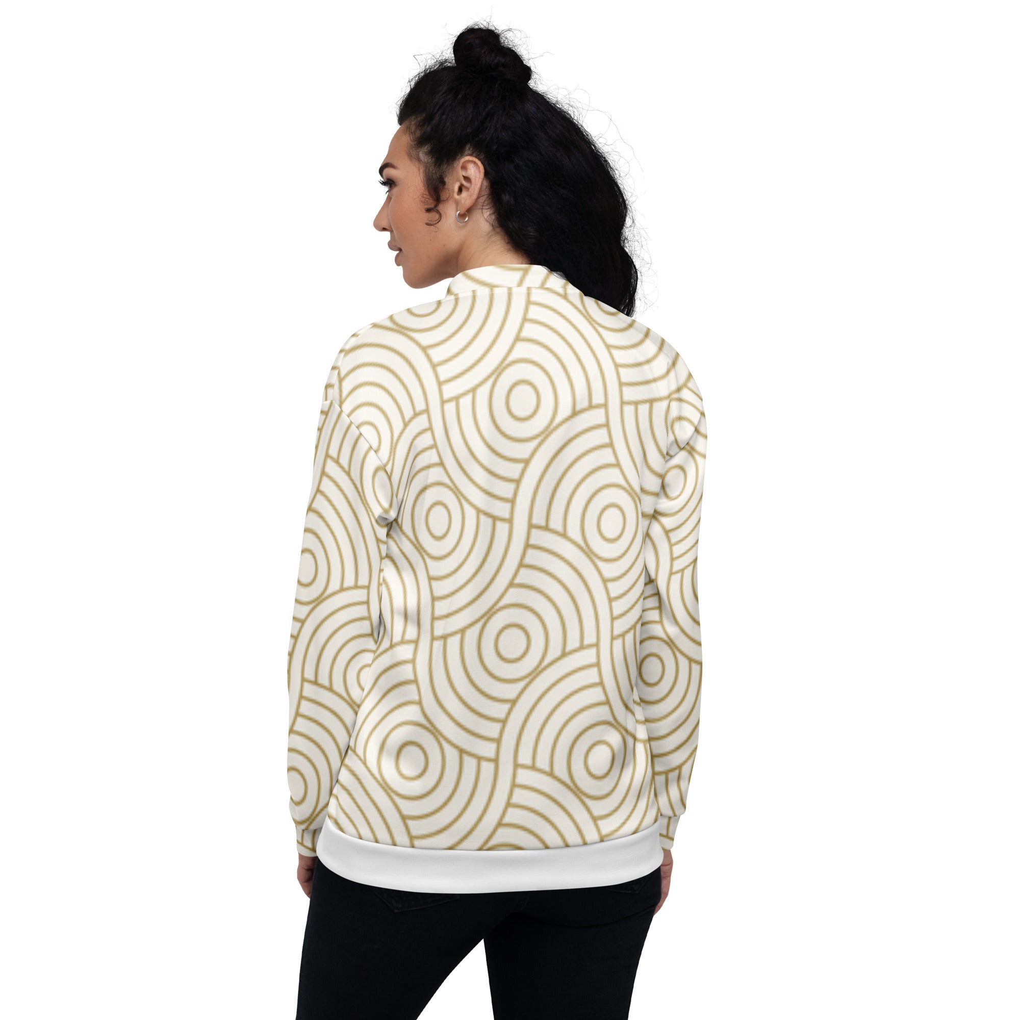Veste de bombardier vue arrière, motif Art déco beige et ligne claire, col montant, bord blanc.
