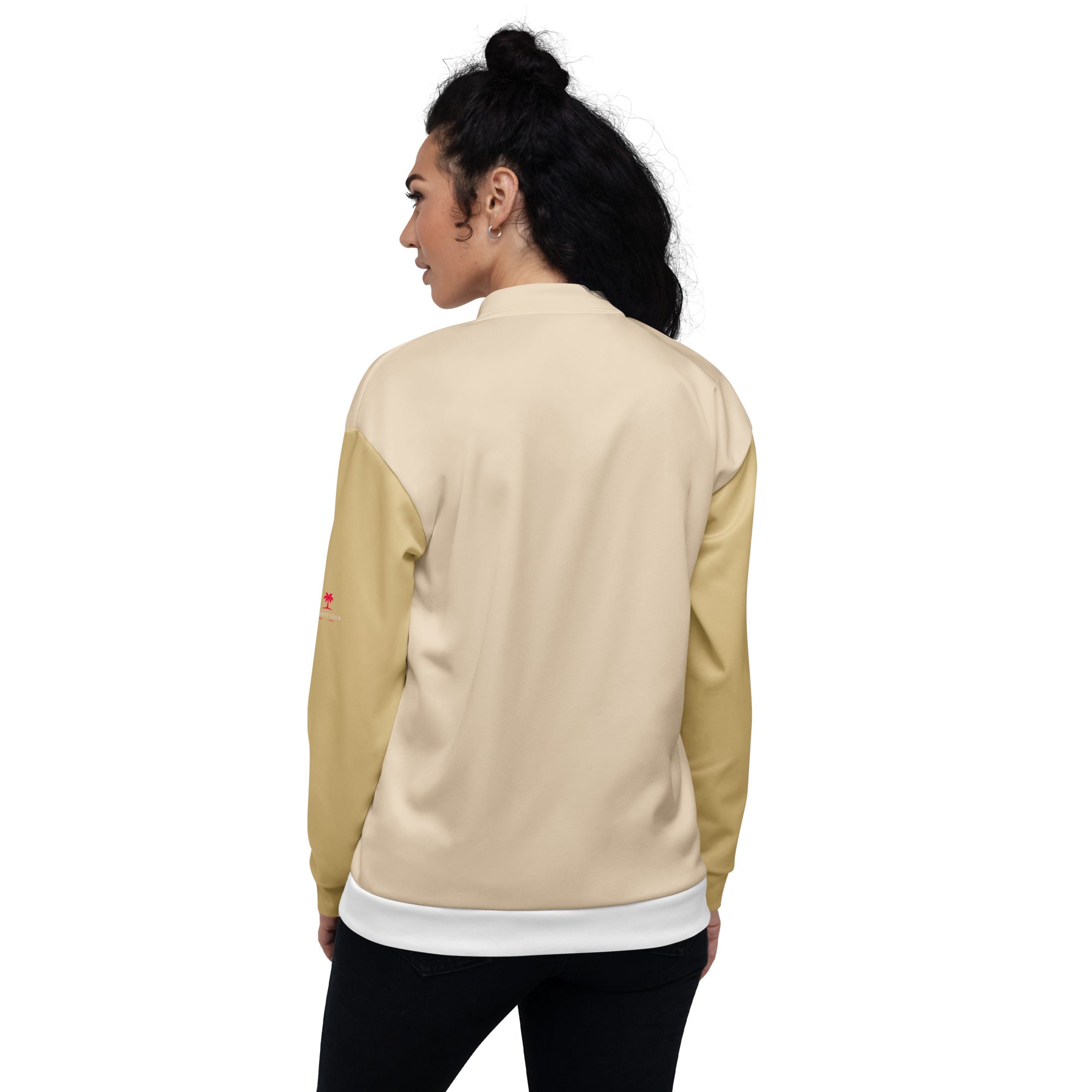 Veste de bombardier GOLDEN dos uni beige, manches contrastées jaune clair, ourlet côtelé blanc.