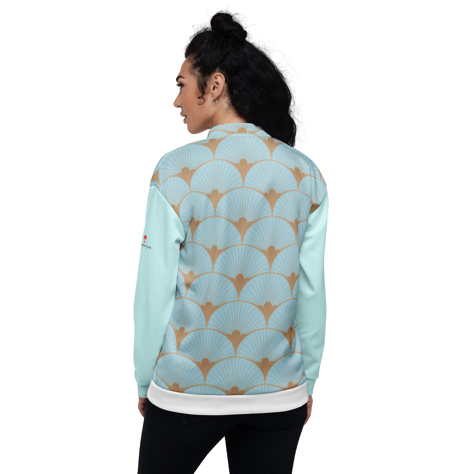 Veste de bombardier bleu clair motif art déco éventails, vue de dos, manches longues, zip frontal.