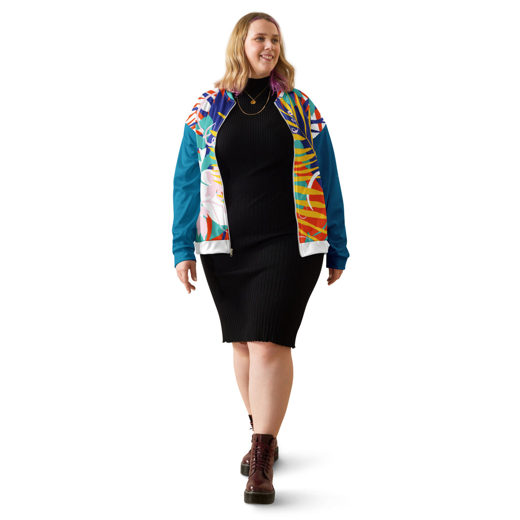 Veste de bombardier imprimée feuillage tropical, zip et col montant, manches bleu canard.