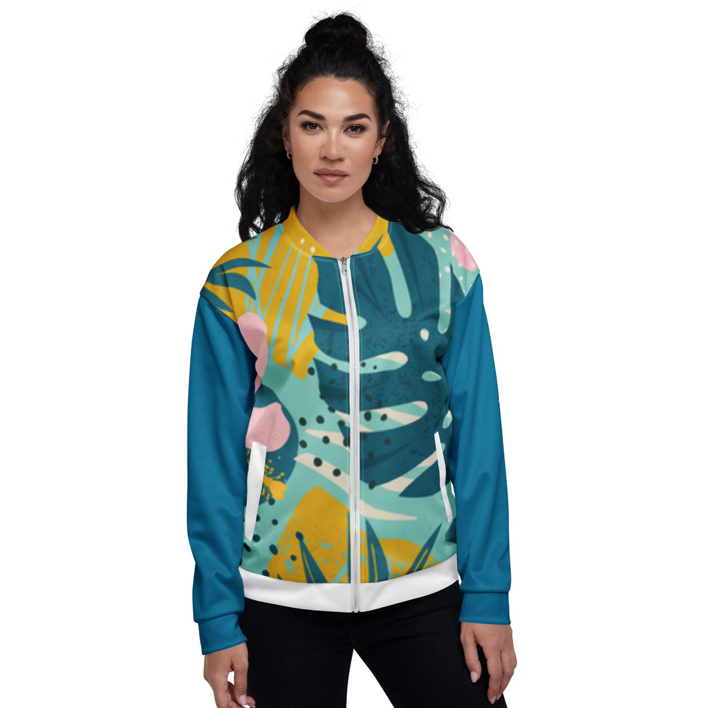 Veste de bombardier CORALIA bleu turquoise, imprimé abstrait coloré, zip central et col montant