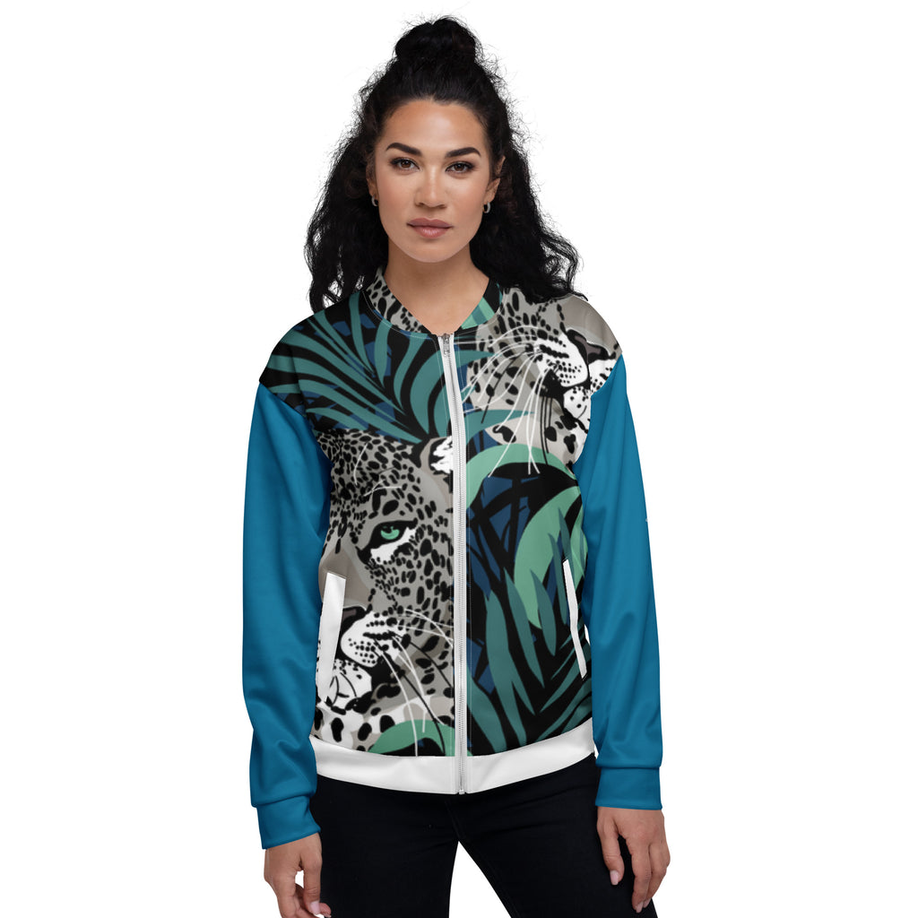 Veste bomber zippée à capuche, imprimé jungle avec motif léopard vert et bleu