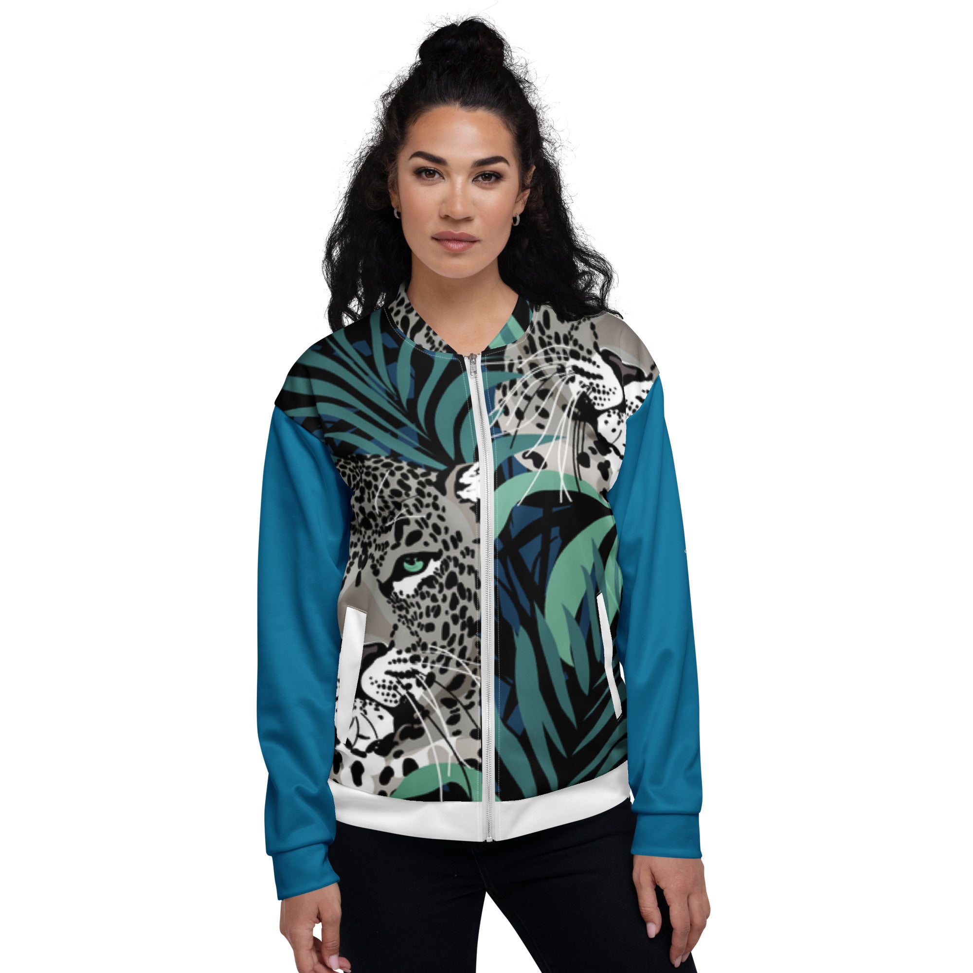 Veste bomber zippée à capuche, imprimé jungle avec motif léopard vert et bleu