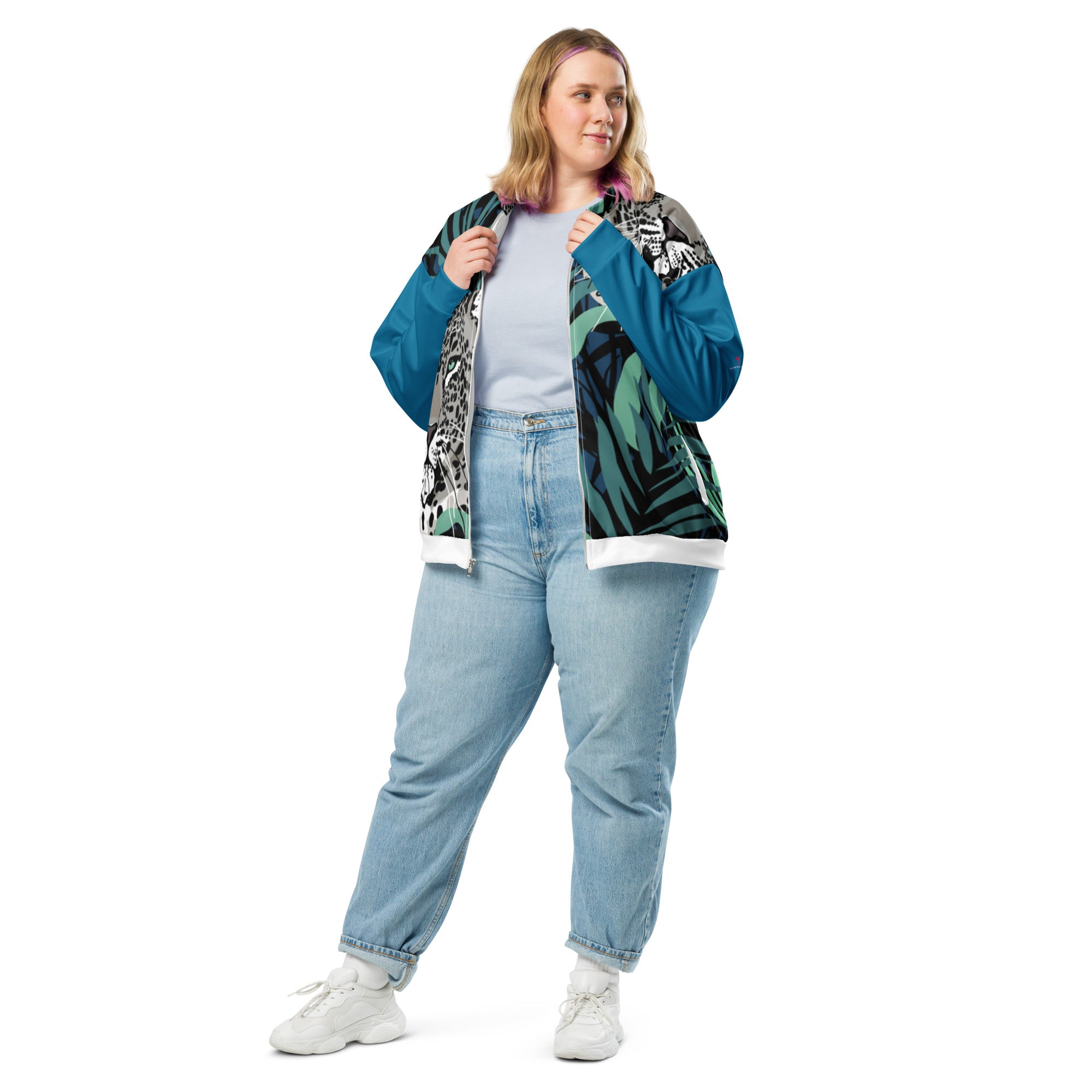 Veste bomber zippée à capuche, motif jungle léopard, style décontracté bleu et vert