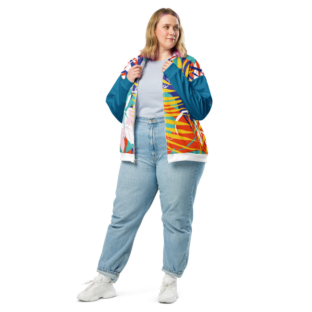 Veste de bombardier imprimée feuillage tropical, zip frontal, poignets et taille côtelés.